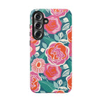 Luxury Tea Rose Teal Samsung Galaxy S25 Plus Case – Matte | teal, coral, pink botanical rose floral print