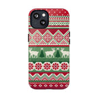 Telemark MagSafe iPhone 13 Case – Glossy | red, green, and cream fair isle Christmas sweater print with snowflakes, reindeer, and trees