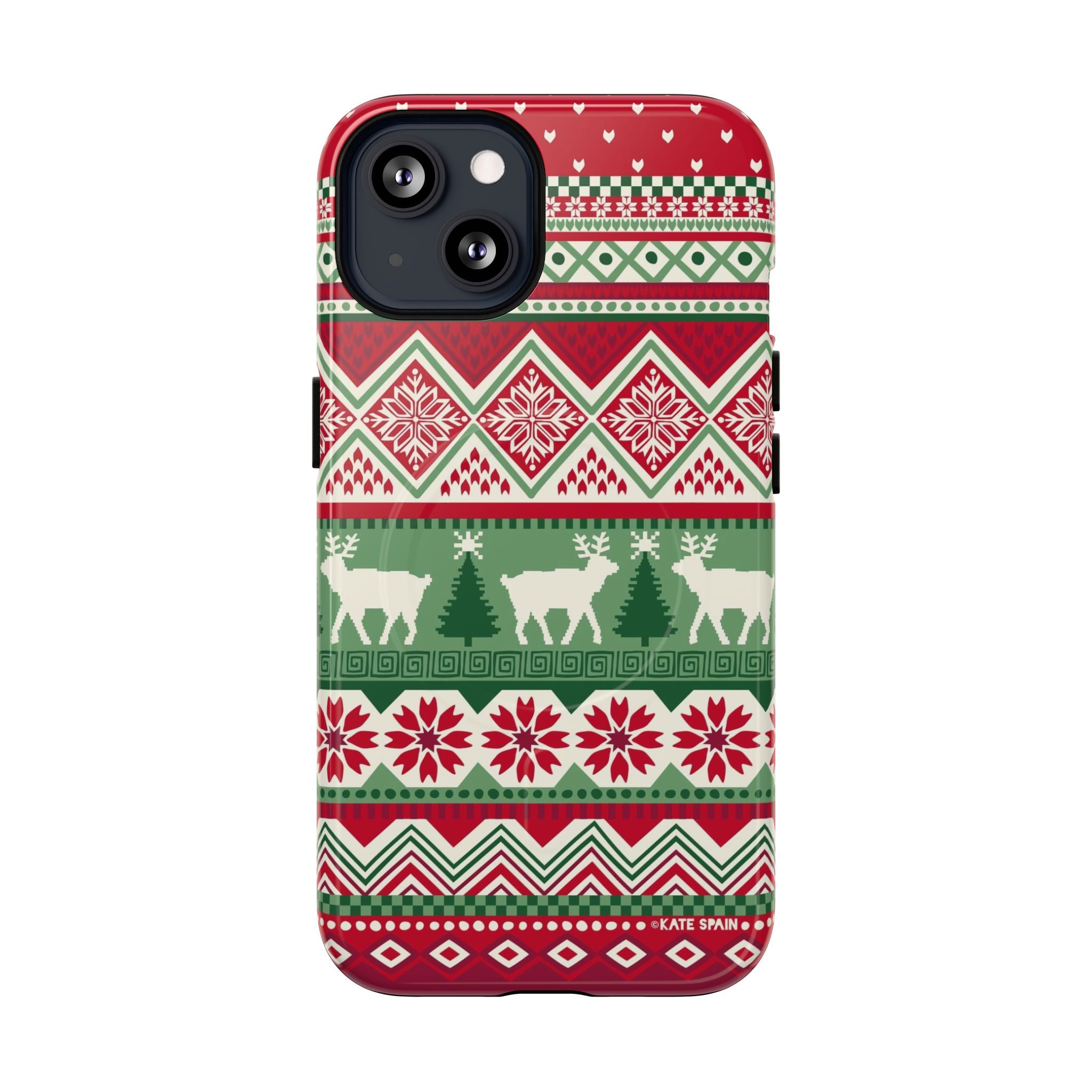 Telemark MagSafe iPhone 13 Case – Glossy | red, green, and cream fair isle Christmas sweater print with snowflakes, reindeer, and trees