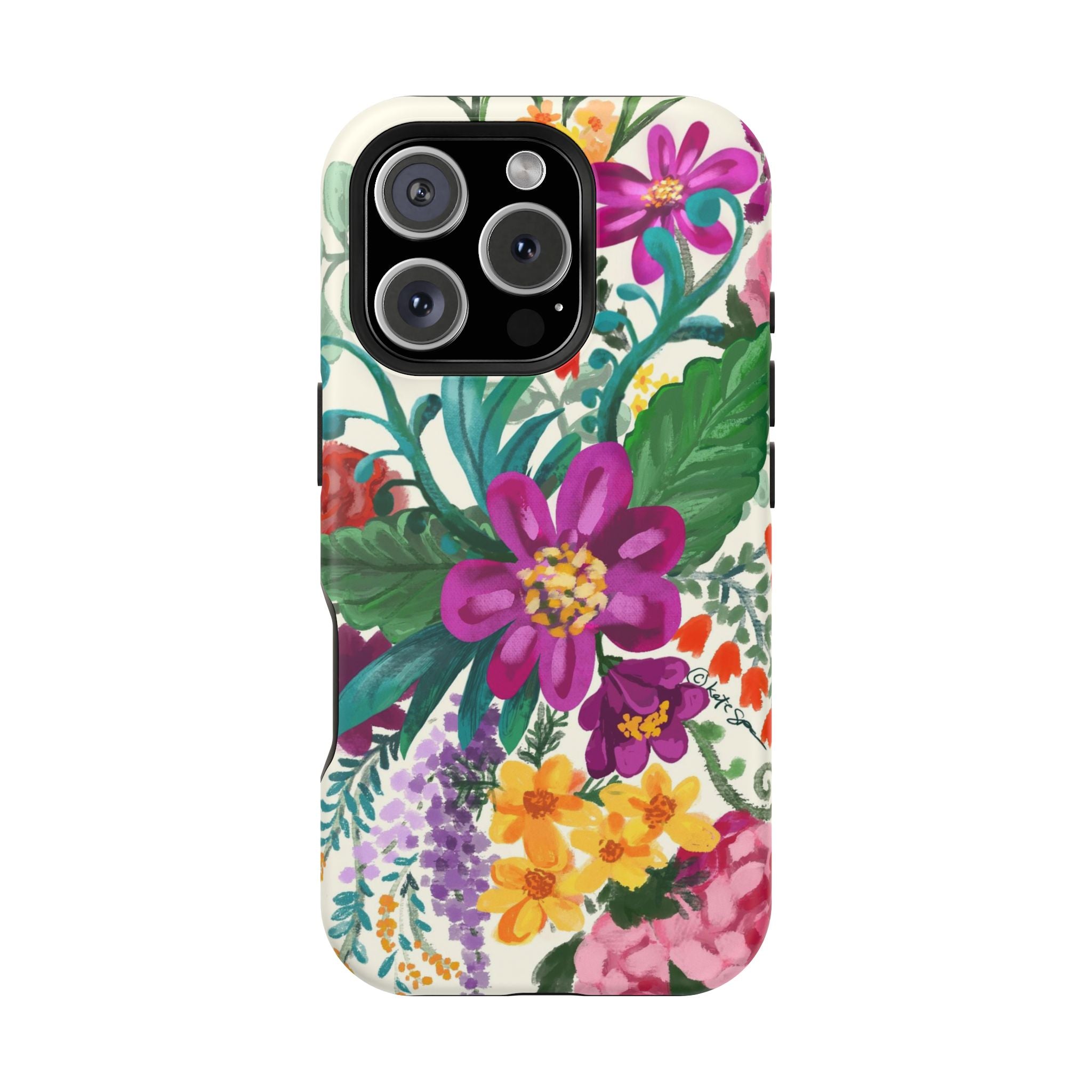 Posy MagSafe iPhone 16 Pro Case – Glossy | white, magenta, yellow, purple vibrant botanical floral print