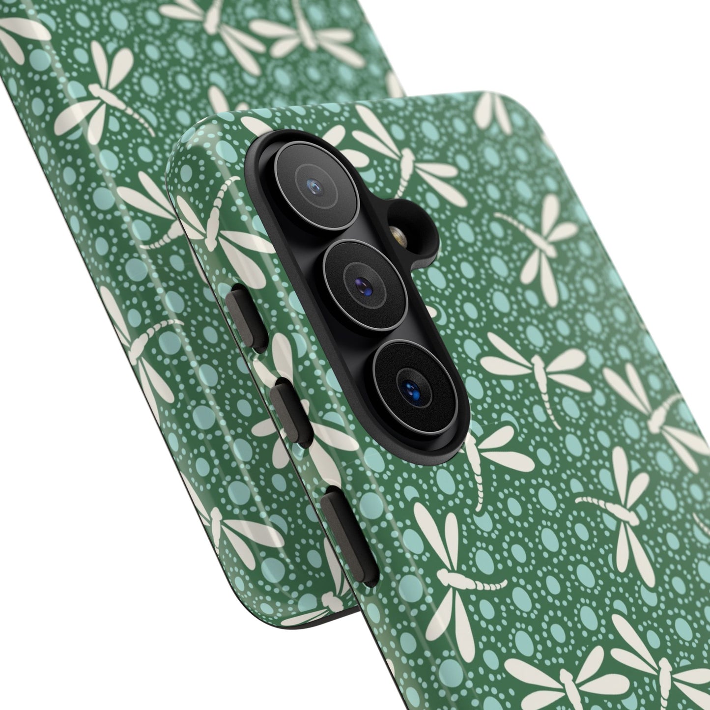 Dragonfly Pattern Phone Case — Green Floral Protective Tough Case