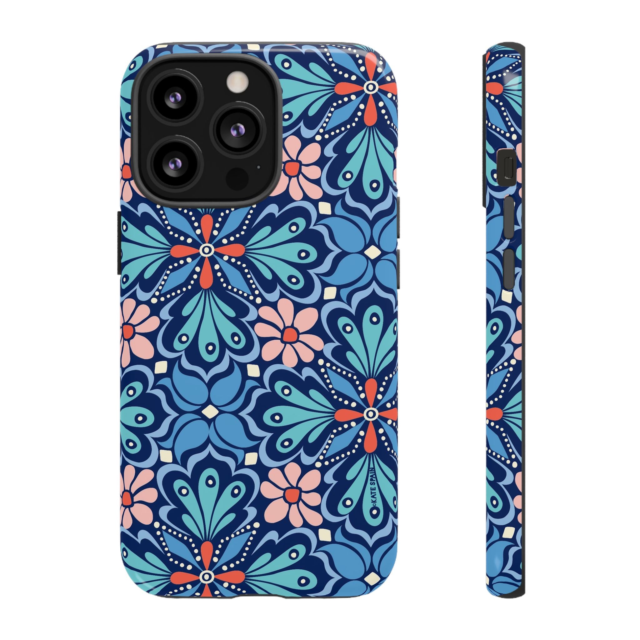 Bolero Tough iPhone 13 Pro Case – Glossy | navy, cobalt, blush geometric medallion floral print