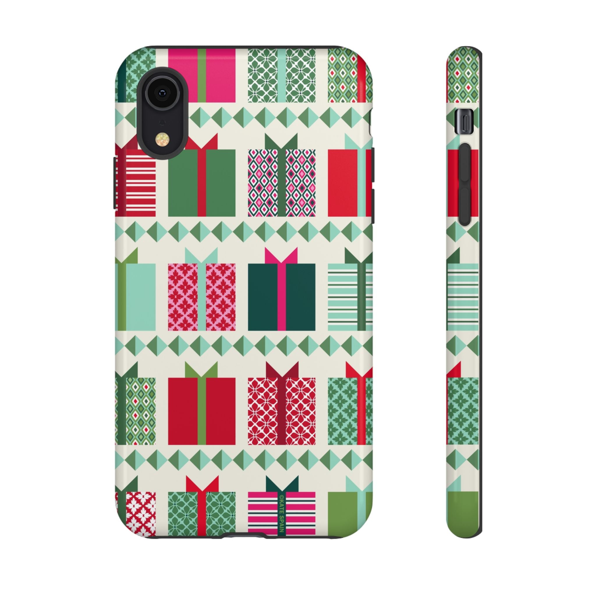 All Wrapped Up Tough iPhone XR Case – Glossy | cream, red, pink, green, mint geometric gift wrap holiday print