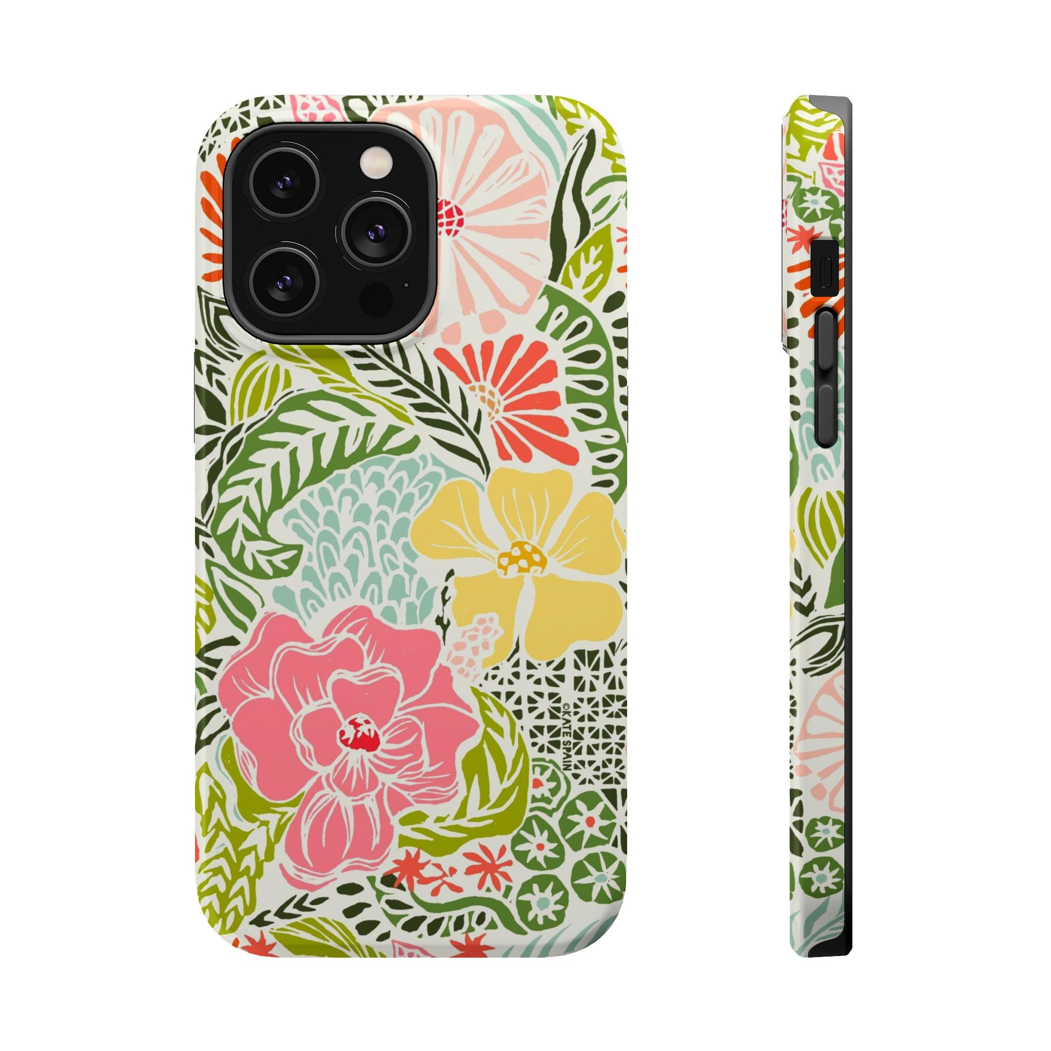 Tropica MagSafe iPhone 14 Pro Max Case – Glossy | cream, pink, yellow, blue botanical floral print MagSafe compatible, dual-layer protection