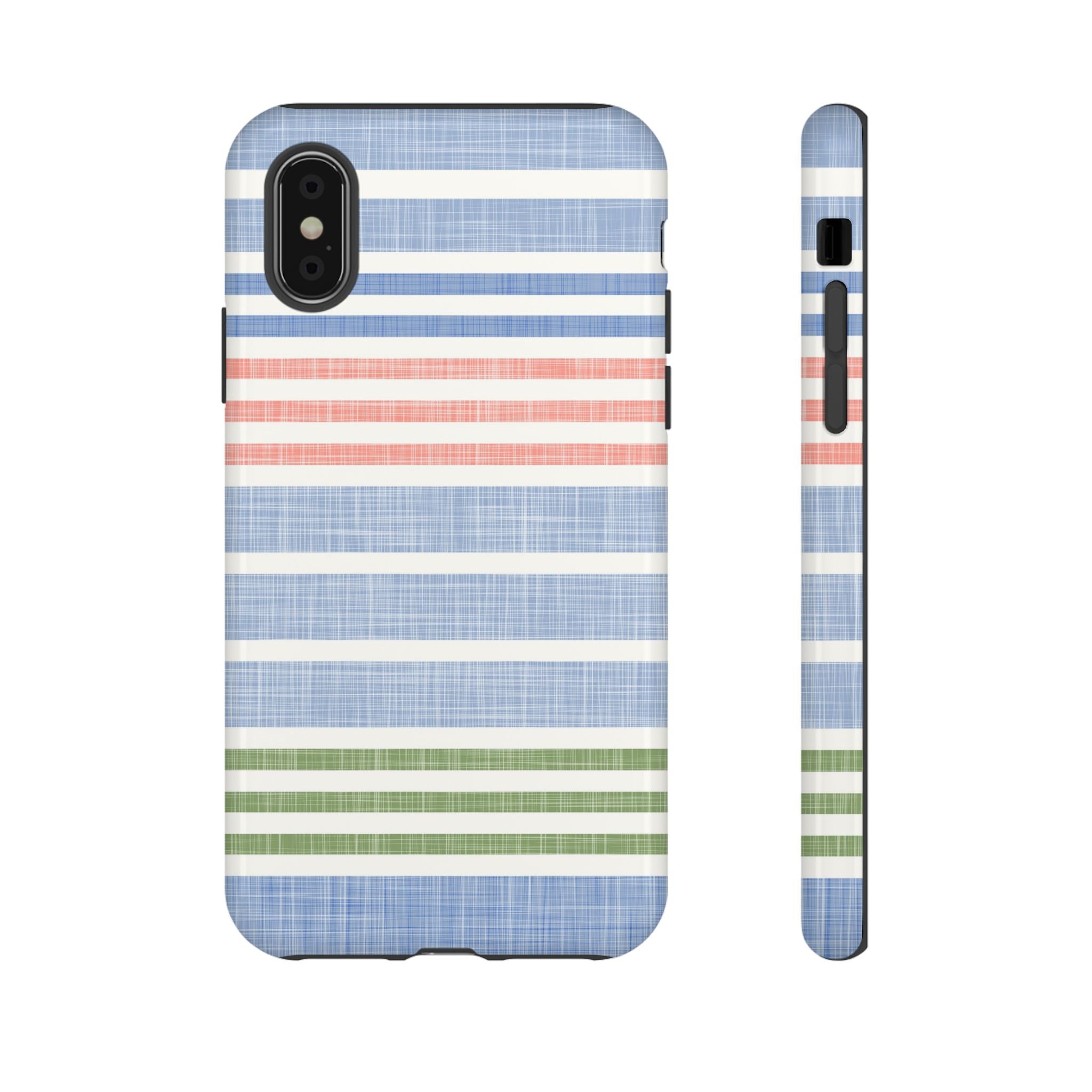Cabana Stripe Pastel Tough iPhone X Case – Glossy | soft blue, coral, sage green chambray-textured stripe print dual-layer protection
