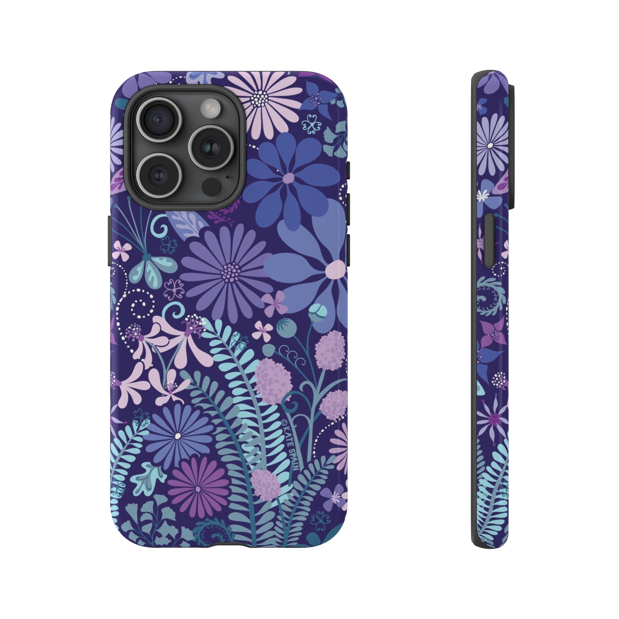 Luxury Terrain Tough iPhone 15 Pro Max Case – Glossy | navy, purple, aqua botanical woodland floral print