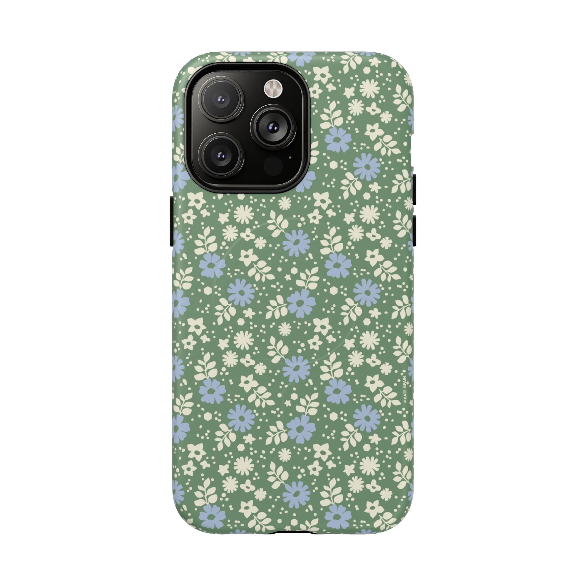 Petaline Green MagSafe iPhone 14 Pro Max Case – Matte | cream and periwinkle blue ditsy floral print on a sage green ground