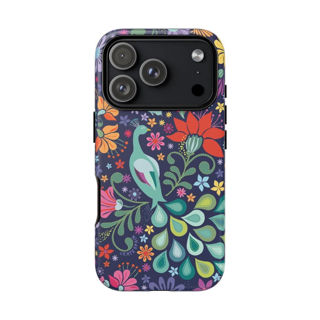 Peacock Sanctuary Tough iPhone 17 Pro Case – Matte | navy, teal, coral multicolor vibrant peacock feather botanical print