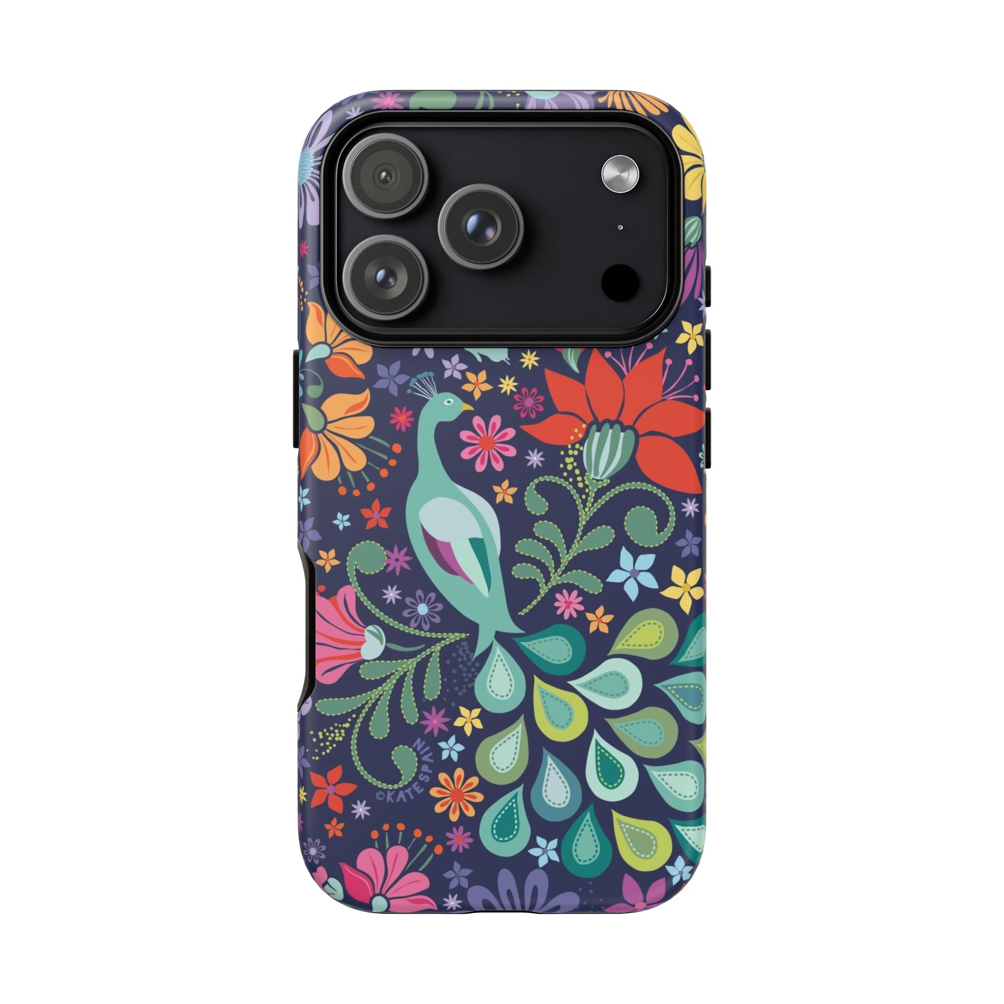 Peacock Sanctuary Tough iPhone 17 Pro Case – Matte | navy, teal, coral multicolor vibrant peacock feather botanical print