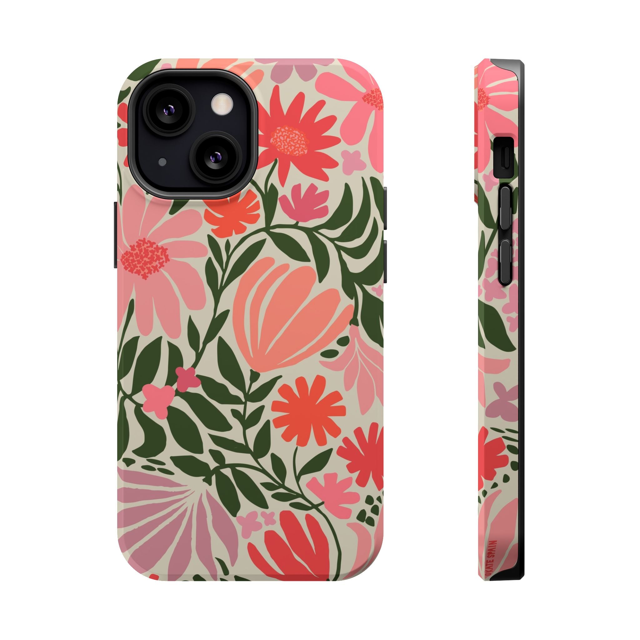 Botanica MagSafe iPhone 13 Mini Case – Glossy | coral, pink, sage green botanical wildflower print