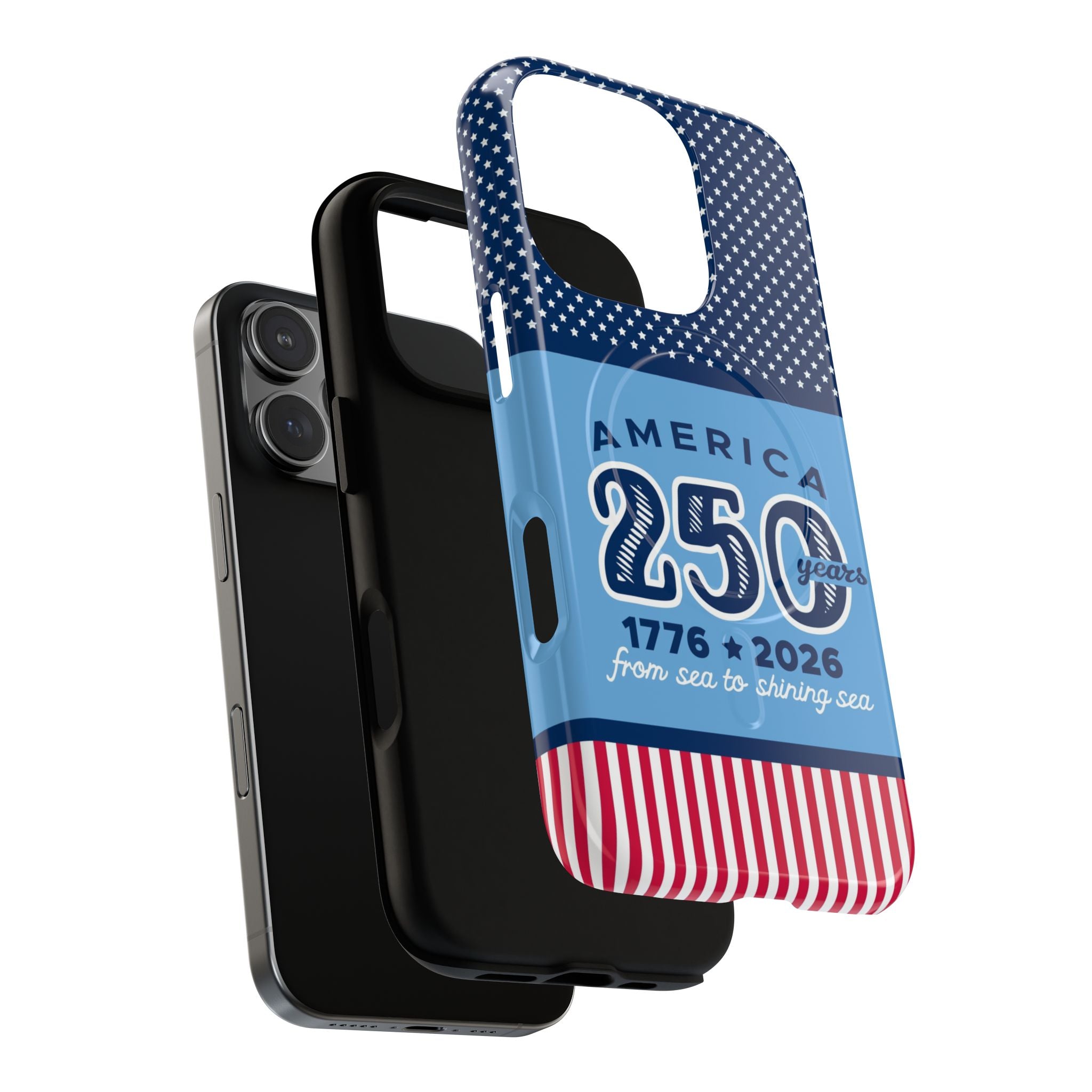 Sea to Shining Sea MagSafe iPhone 16 Pro Max Case – blowout view of dual-layer construction of case in navy, sky blue, red, white American stars & stripes 250th anniversary print