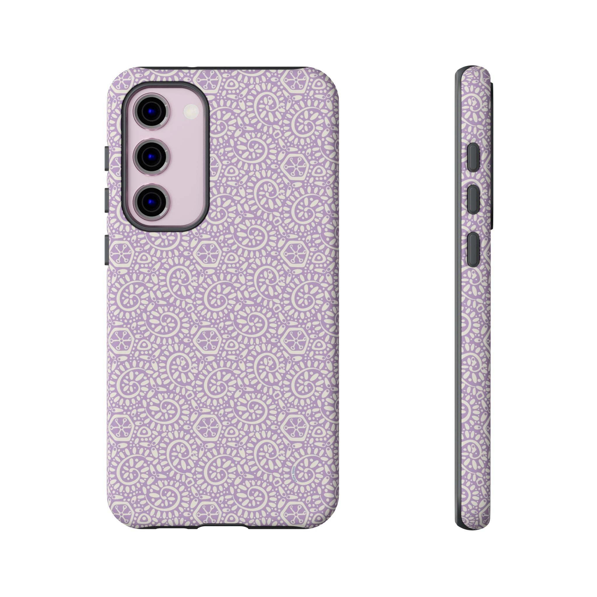 Canto Swirls Lavender Samsung Galaxy S23 Plus Matte Case — lavender hard case covered in an intricate folk-art medallion pattern of radiating circular motifs, dot clusters, and geometric centers