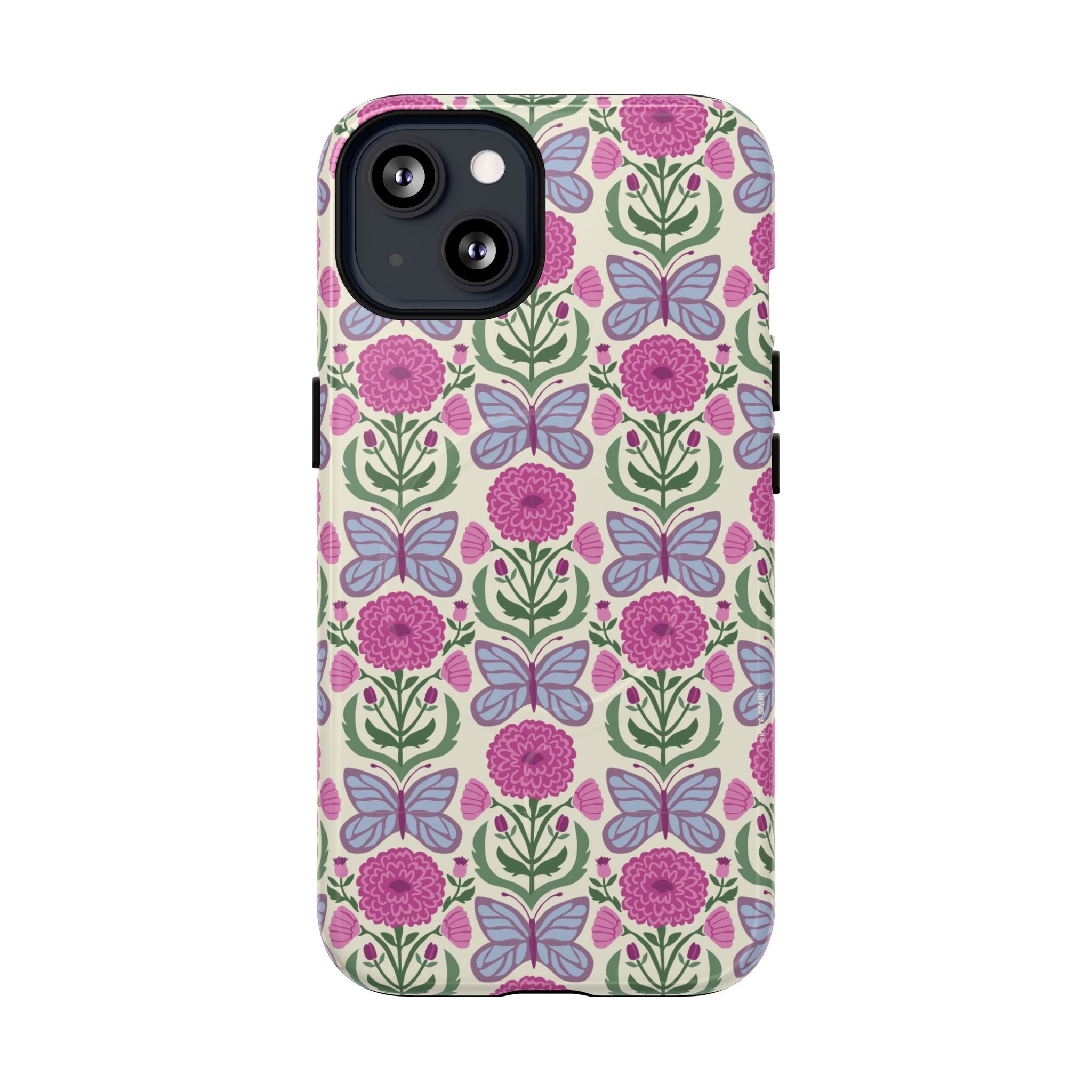 Butterfly MagSafe iPhone 13 Case – Glossy | cream, magenta, periwinkle butterfly floral print