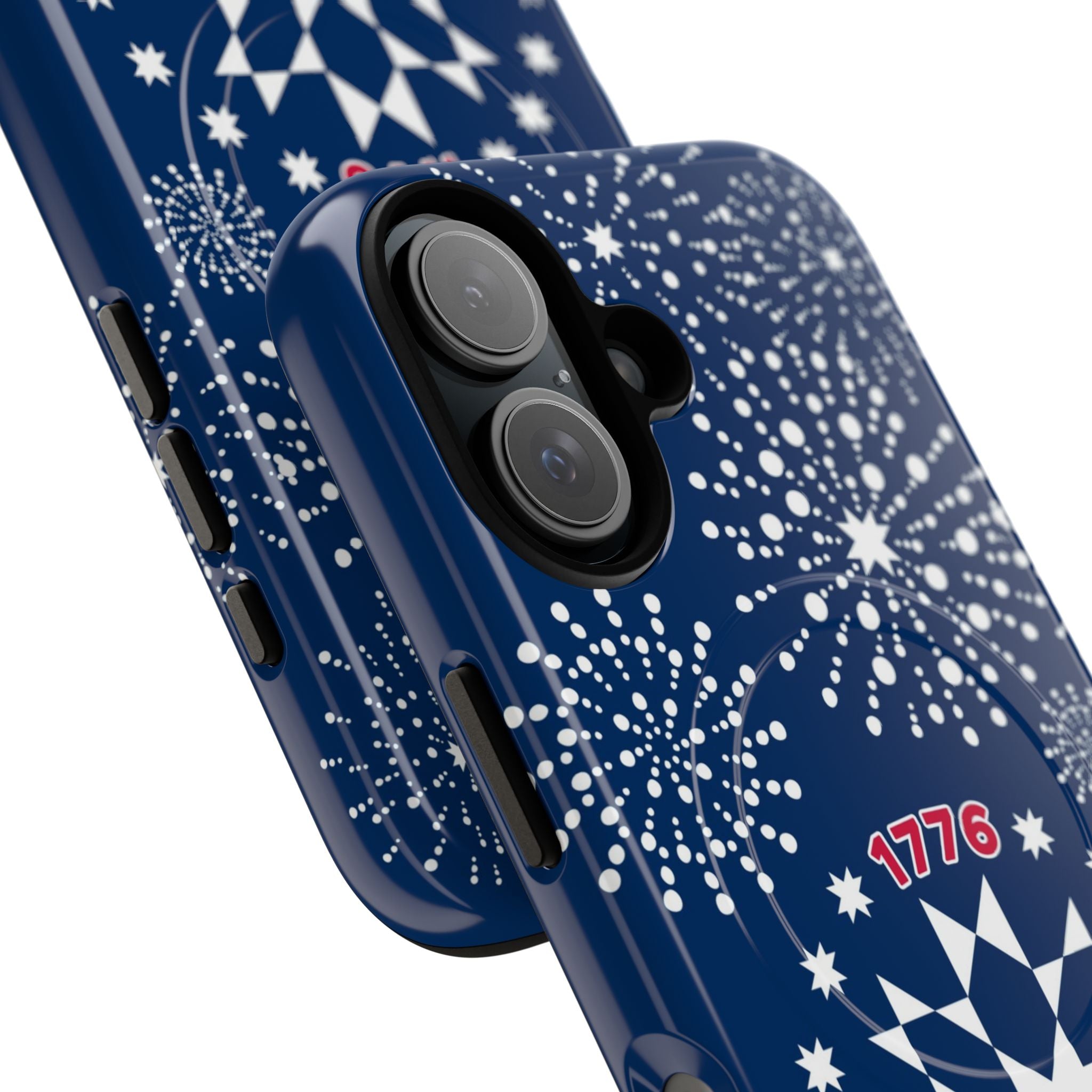 250th Fireworks MagSafe iPhone 17 Case – angled view for close-up of buttons and camera cutout in case in navy, white patriotic star quilt fireworks print