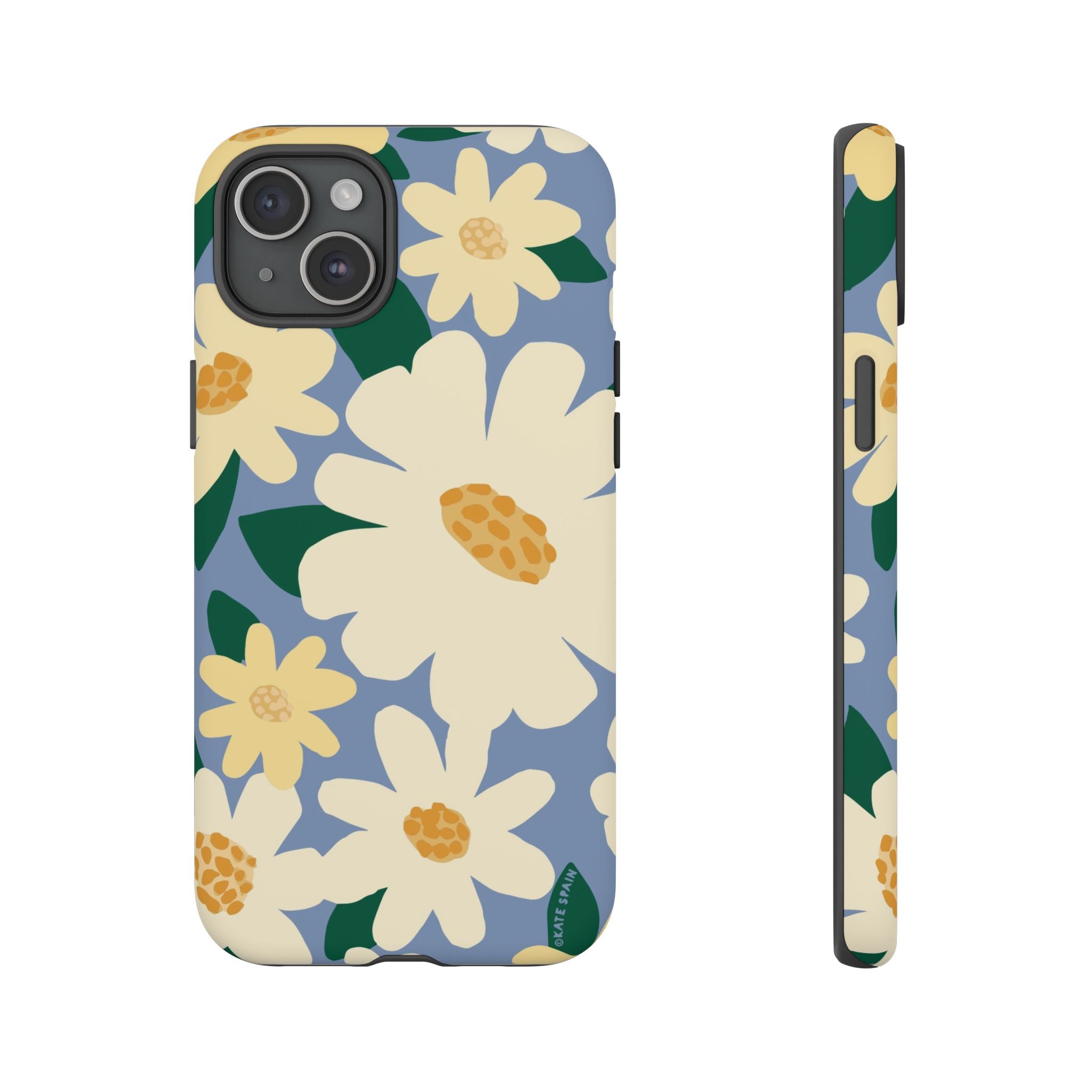 Chamomile Tough iPhone 15 Plus Case – Matte | periwinkle, cream, yellow botanical daisy floral print