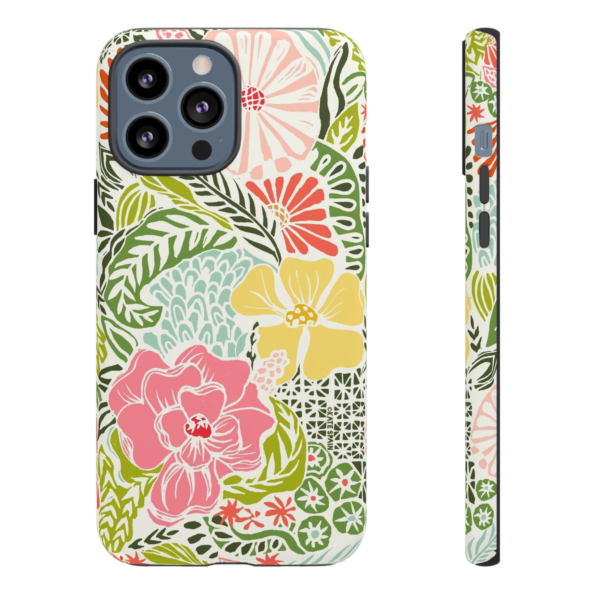 Tropica Tough iPhone 13 Pro Max Case – Matte | cream, pink, yellow, blue botanical floral print