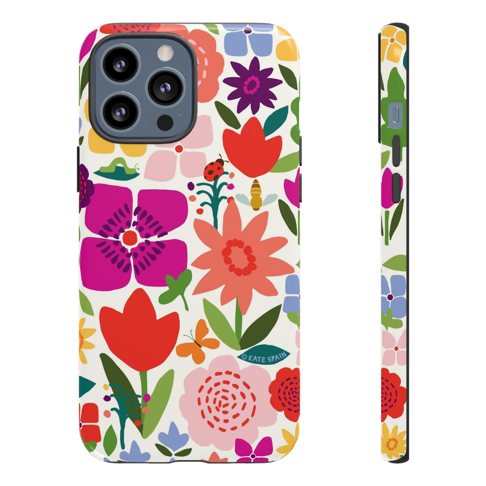 Happy Blooms Tough iPhone 13 Pro Max Case – Glossy | cream, red, magenta, coral botanical floral print