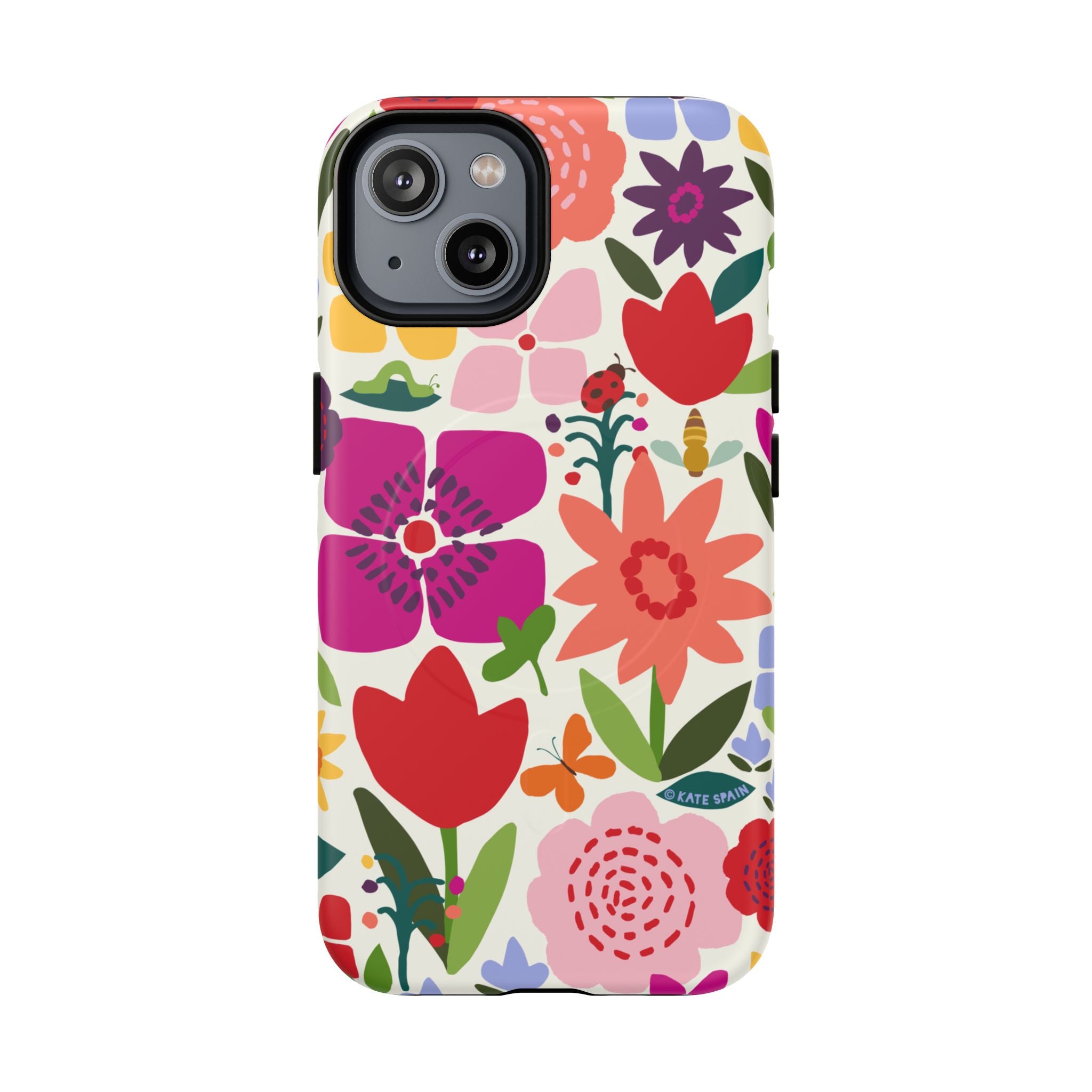 Happy Blooms MagSafe iPhone 14 Case – Matte | cream, red, magenta, coral botanical floral print