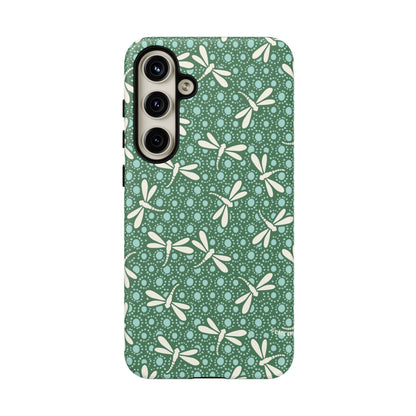 Dragonfly Pattern Phone Case — Green Floral Protective Tough Case