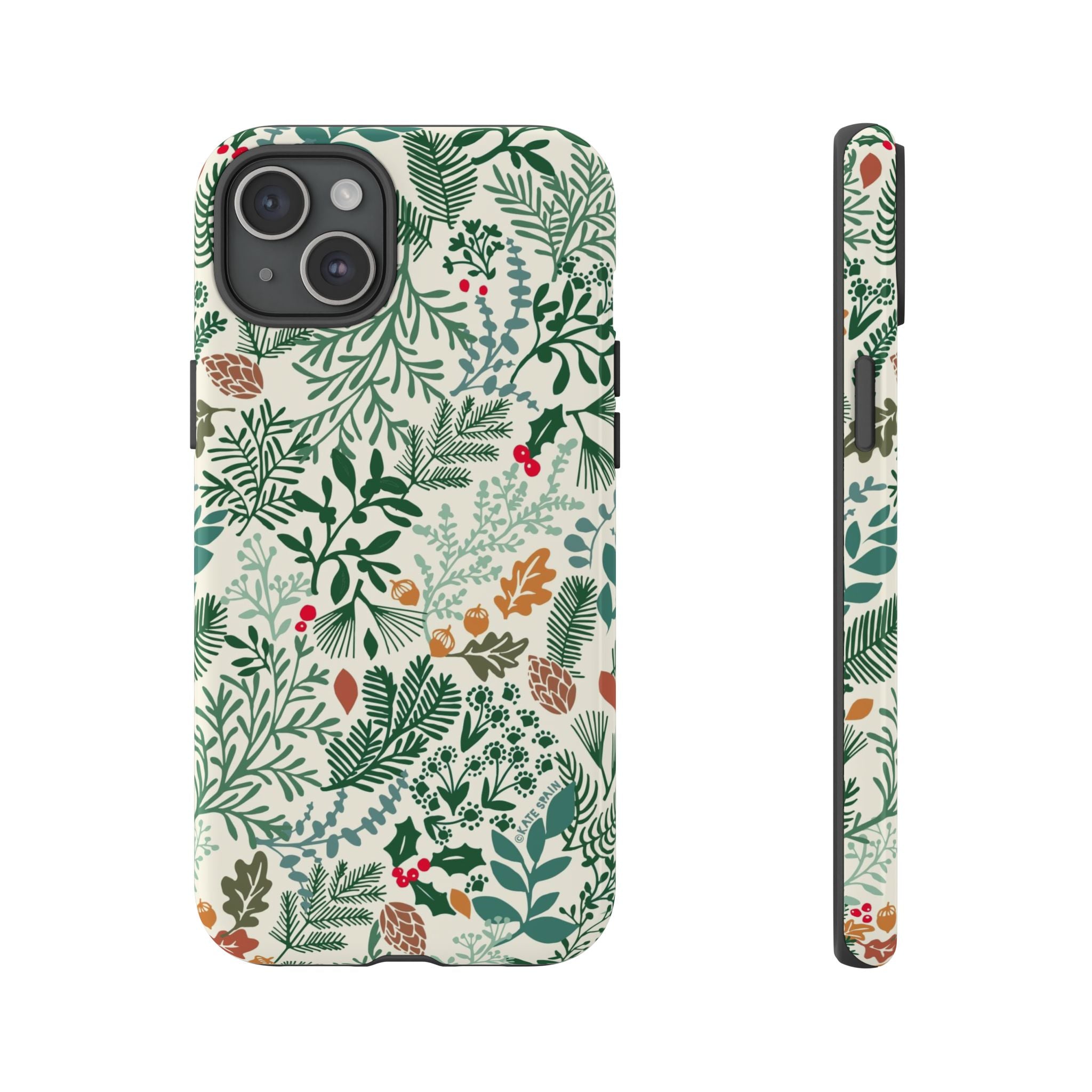 Juniper Tough iPhone 15 Plus Case – Glossy | cream, green, red botanical woodland print