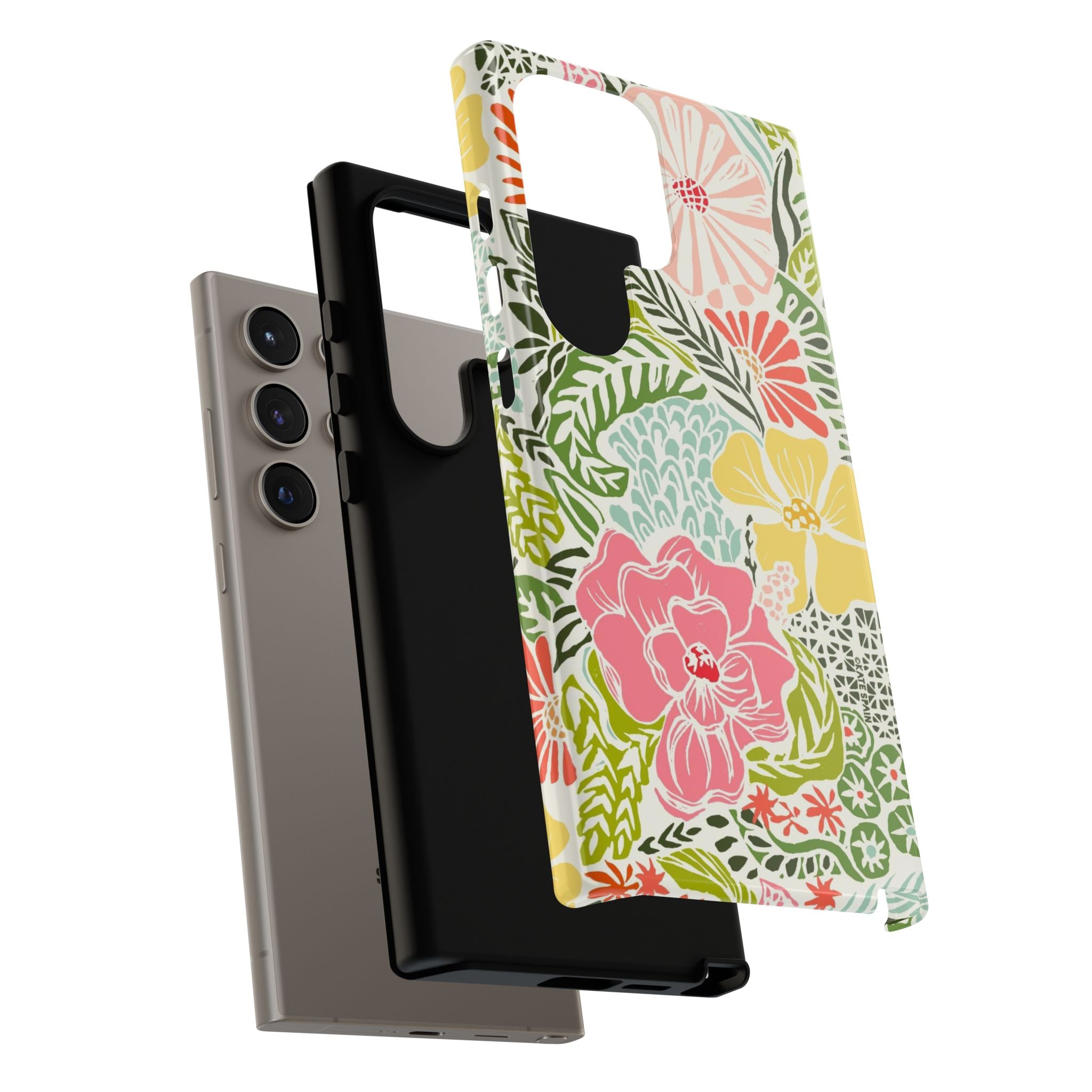Cute Tropica Samsung Galaxy S24 Ultra Case – close-up detail | cream, pink, yellow, blue botanical floral print