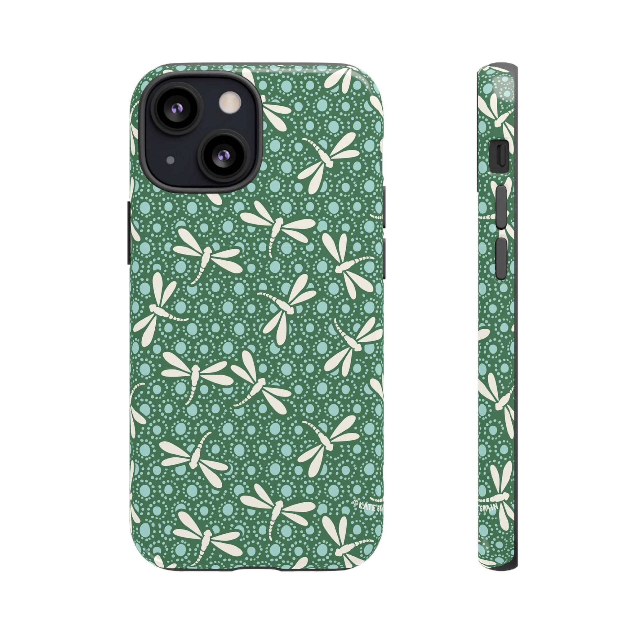 Designer Dragonfly Tough iPhone 13 Mini Case – Glossy | jade green, aqua, cream dragonfly print
