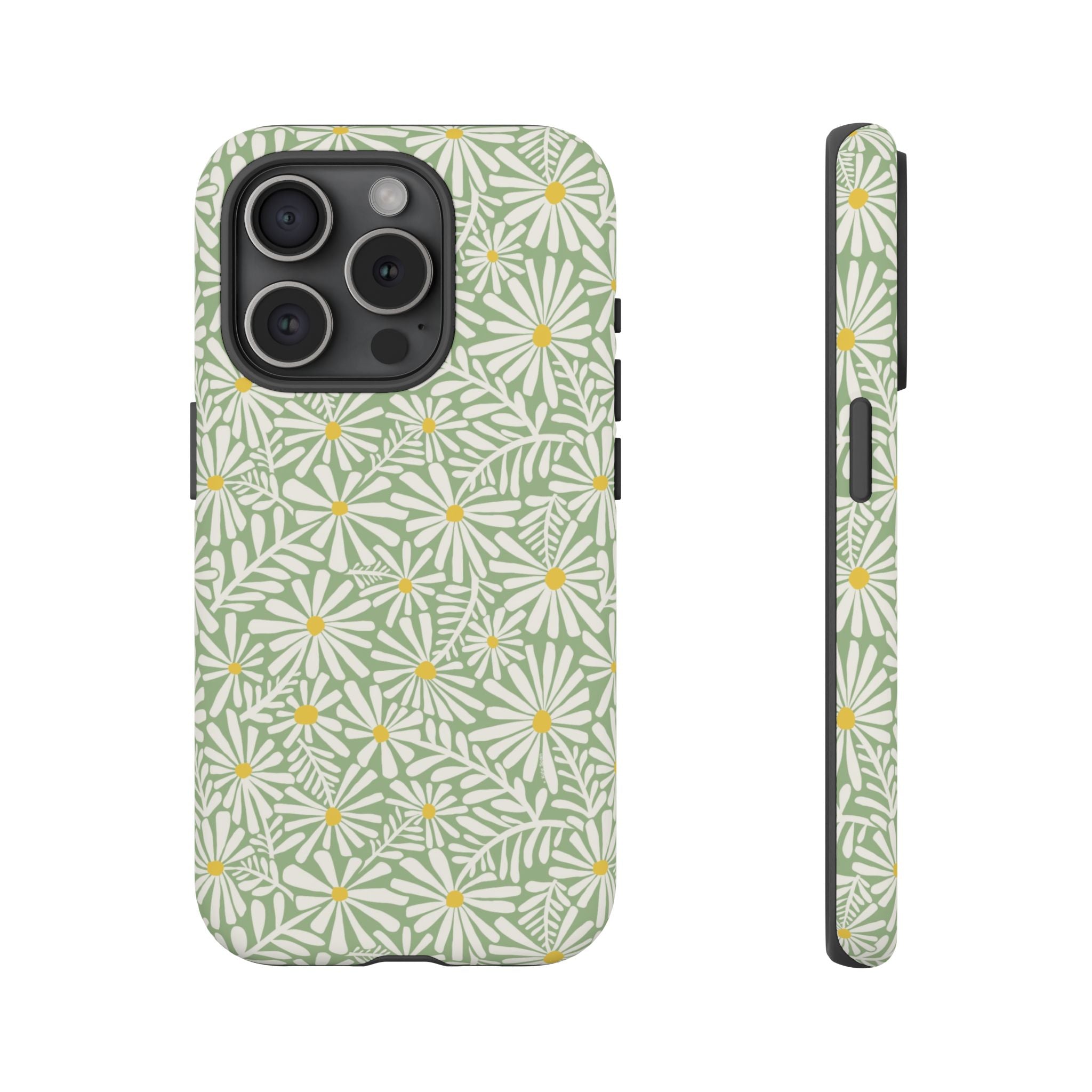 Montauk Daisy Meadow Green iPhone 15 Pro Case – Matte | sage green, white graphic daisy and fern print, golden yellow centers | dual-layer protection