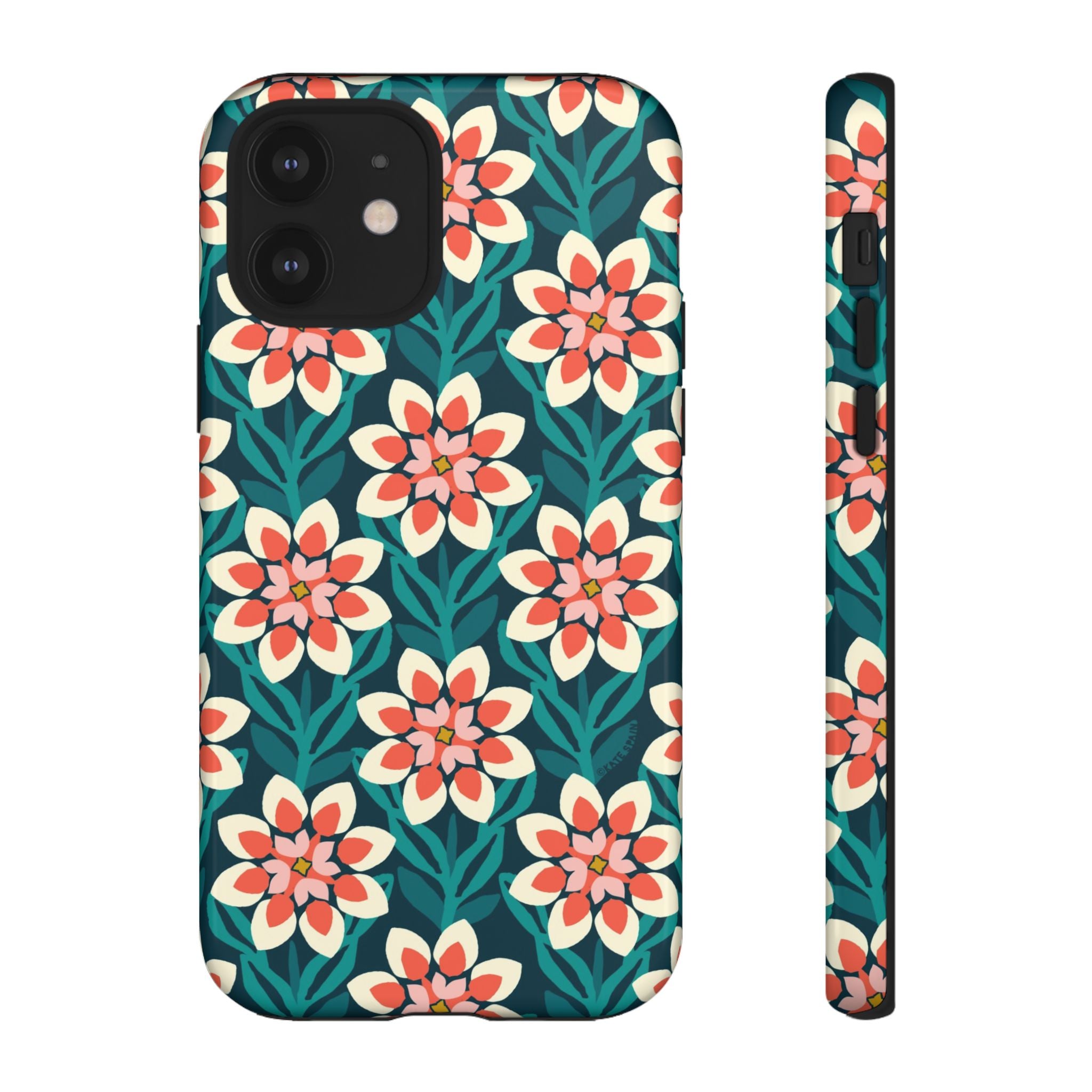 Modern Dahlia Tough iPhone 12 Case – Glossy | teal, coral, cream geometric dahlia floral print