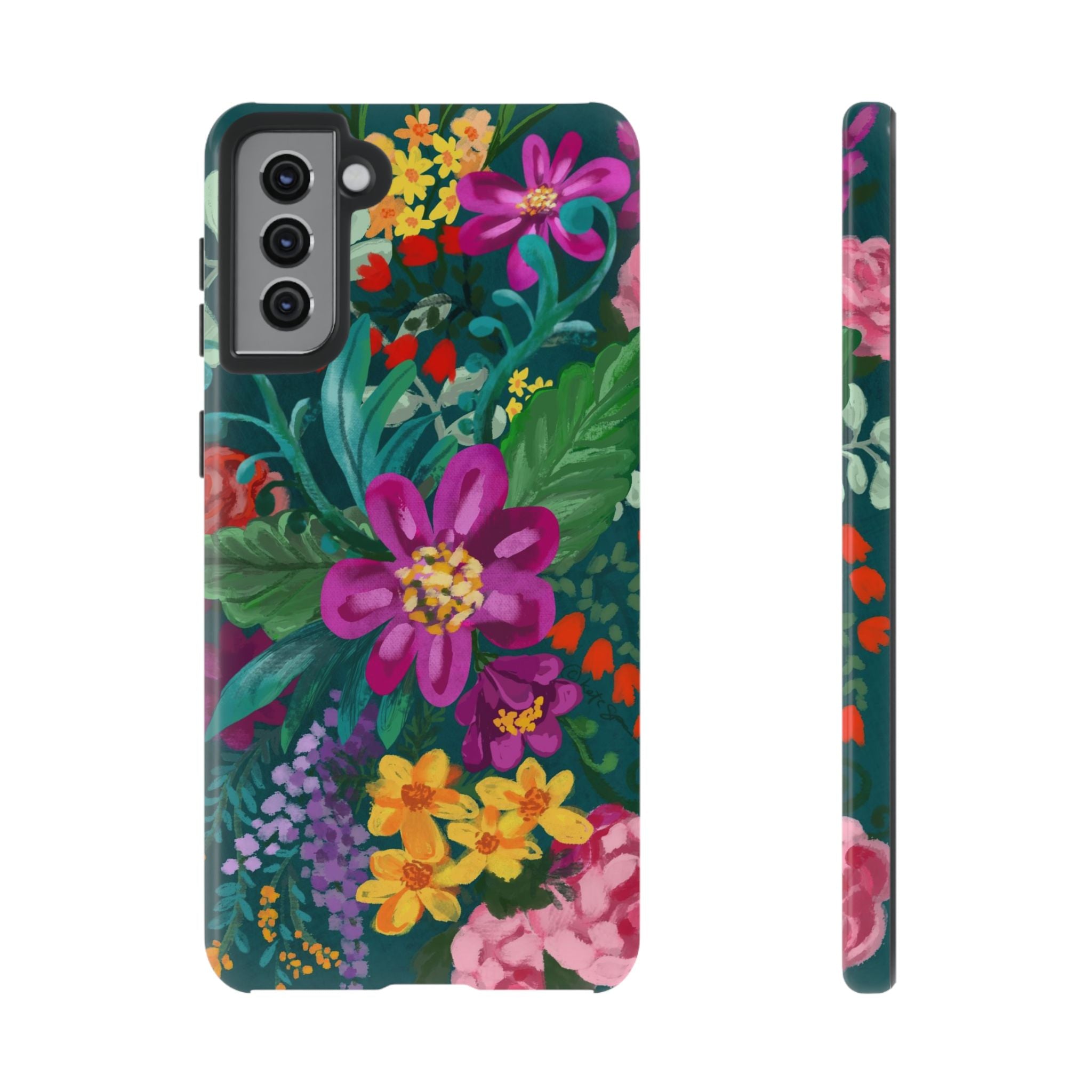 Tropical Posy Samsung Galaxy S21 Plus Case – Glossy | teal, magenta, yellow, pink vibrant botanical floral print