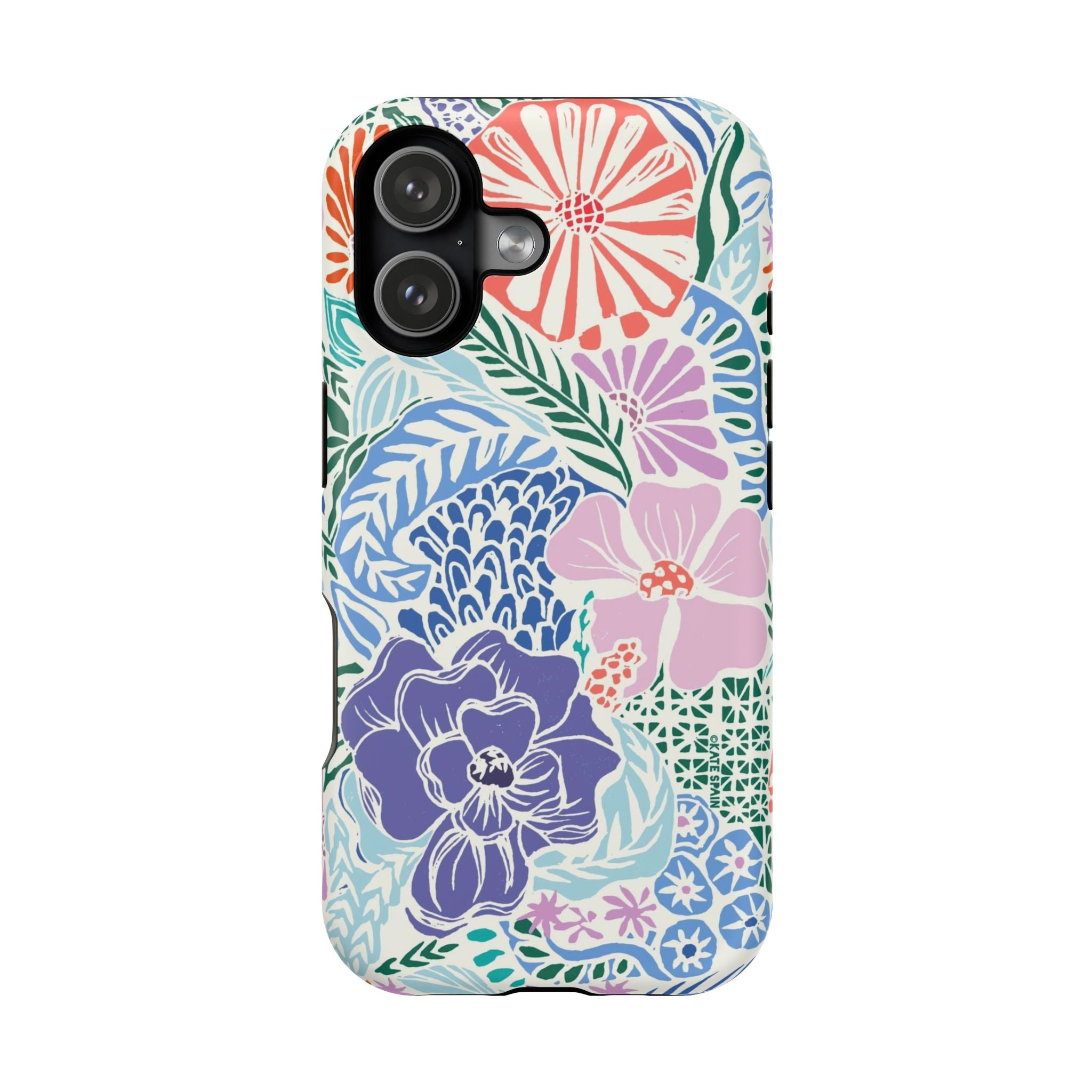 Tropica MagSafe iPhone 17 Case – Matte | purple, coral, pink, blue botanical tropical floral print MagSafe compatible, dual-layer protection