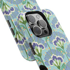 Lantern Flower MagSafe iPhone 16 Pro Max Case – Glossy angled view closeup of camera cutout and buttons | aqua, periwinkle, green botanical lantern floral print MagSafe compatible, dual-layer protection