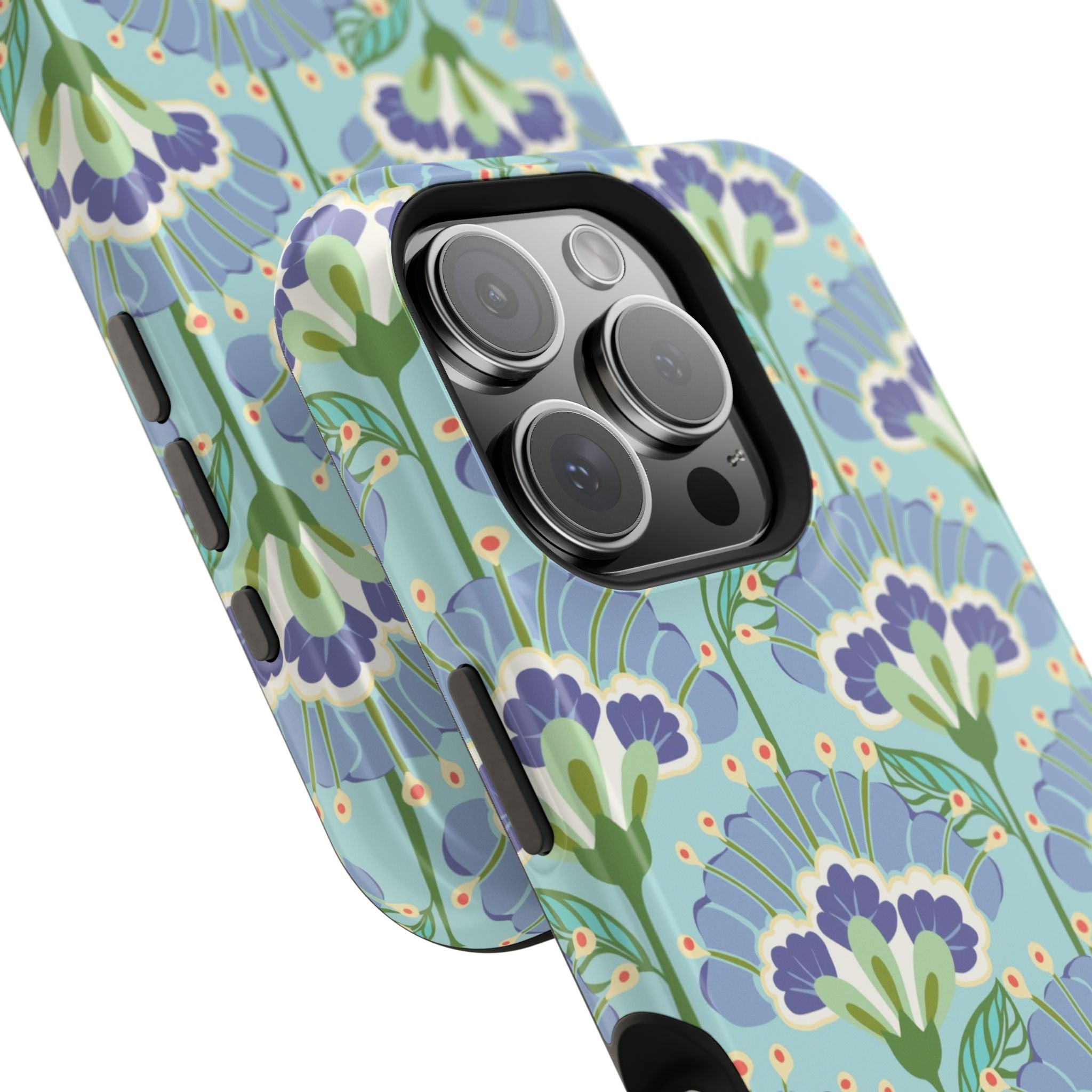 Lantern Flower MagSafe iPhone 16 Pro Max Case – Glossy angled view closeup of camera cutout and buttons | aqua, periwinkle, green botanical lantern floral print MagSafe compatible, dual-layer protection