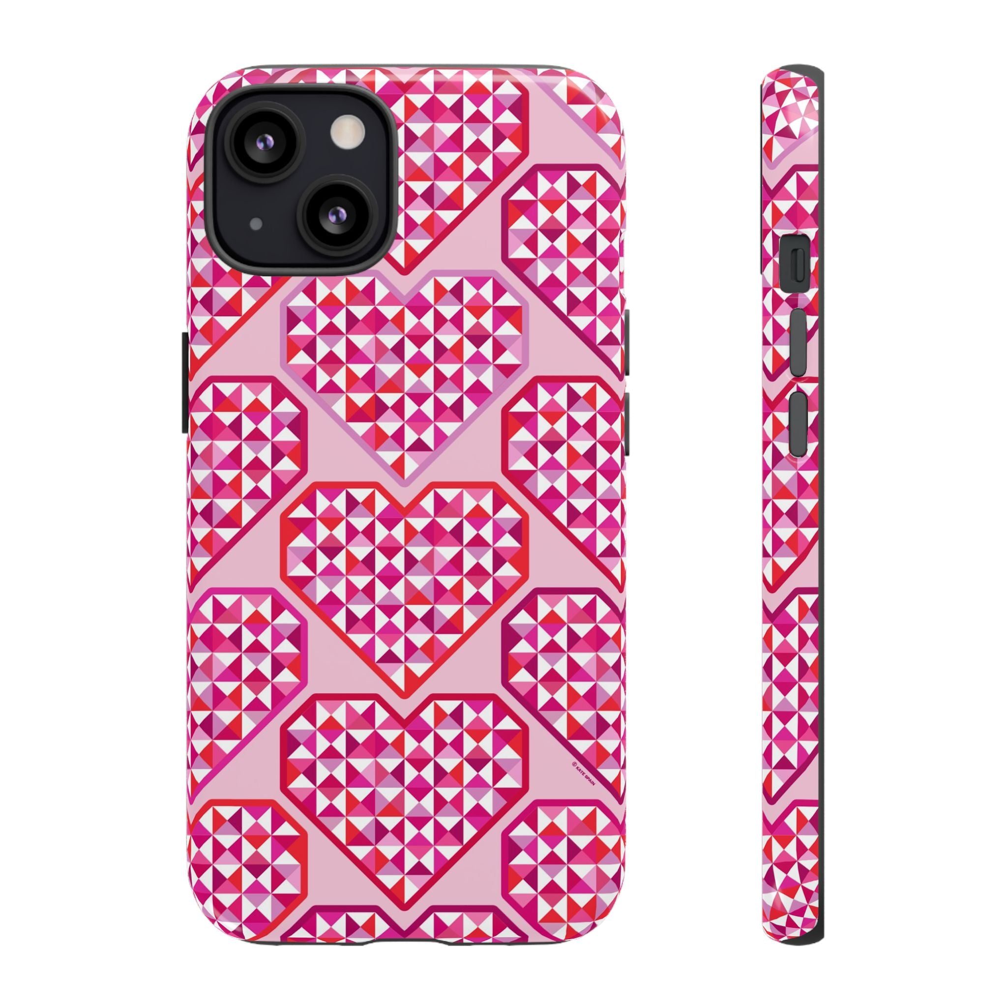 Pink Pyramid Heart Tough iPhone 13 Case – Matte | blush, pink, magenta, red geometric pyramid heart print