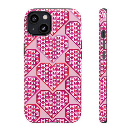 Pink Pyramid Heart Tough iPhone 13 Case – Matte | blush, pink, magenta, red geometric pyramid heart print