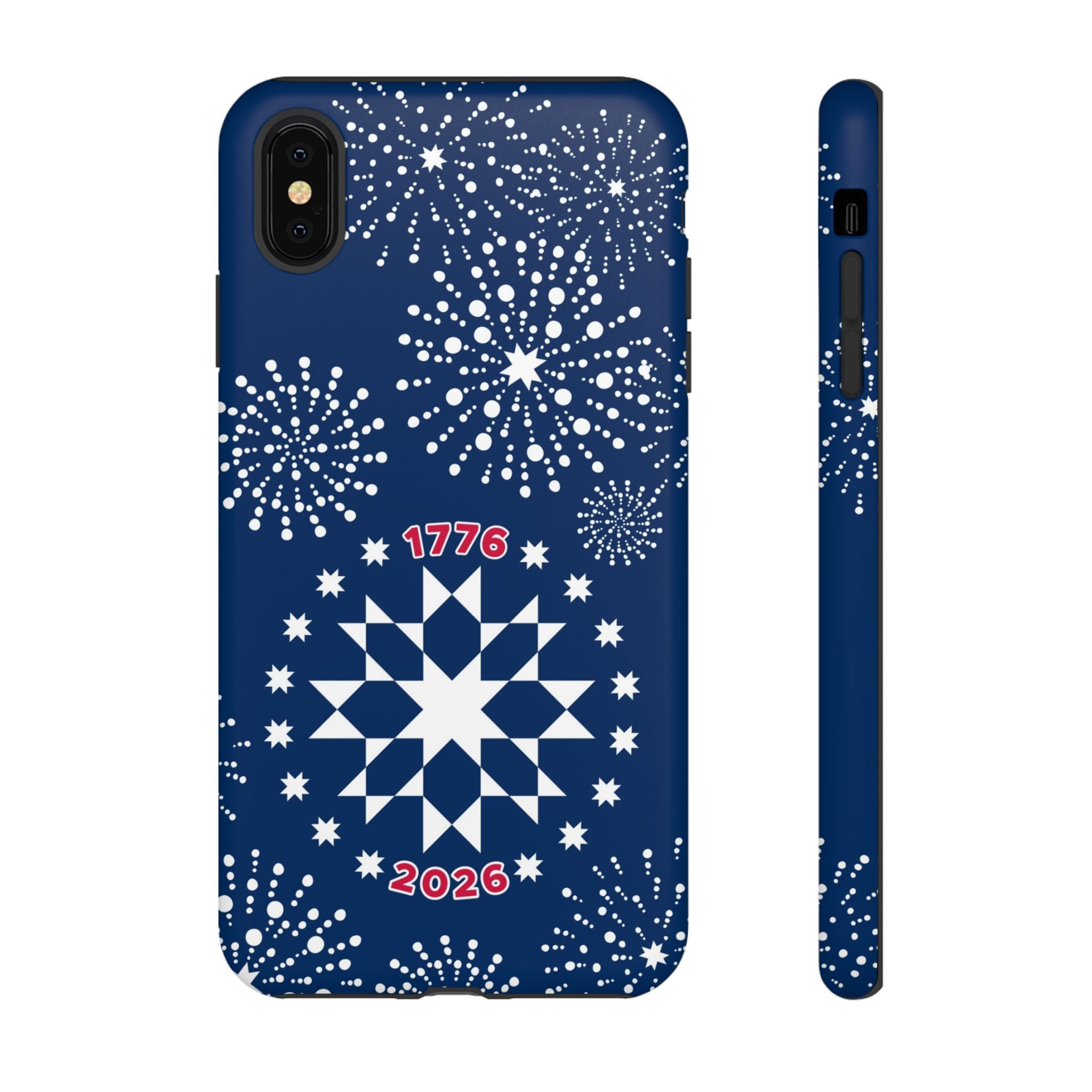 250th Fireworks Tough iPhone XS Max Case – Matte | navy, white patriotic star quilt fireworks print