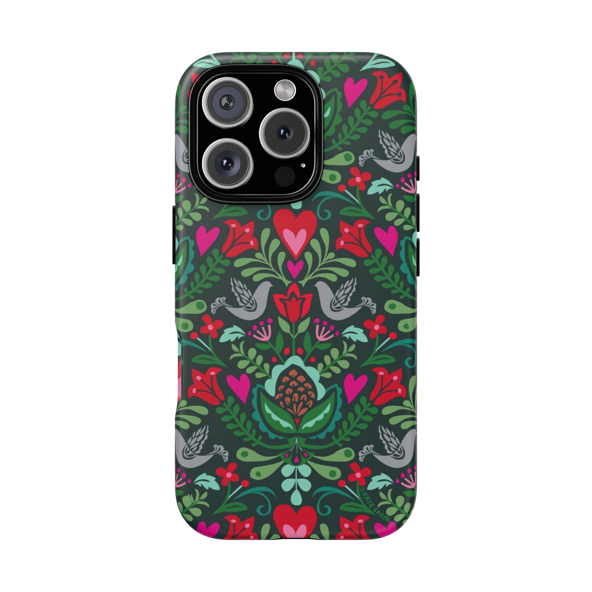 Rosemaling Tough iPhone 16 Pro Case – Glossy | dark green, red, pink, gray folk art floral bird print