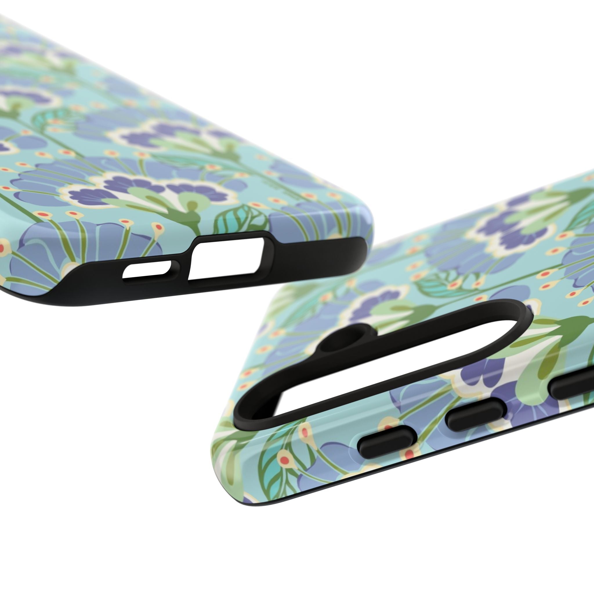 Lantern Flower Samsung Galaxy S24 Ultra Case – Glossy | close-up buttons, ports, and sides of case in light blue, lavender, lime green floral print