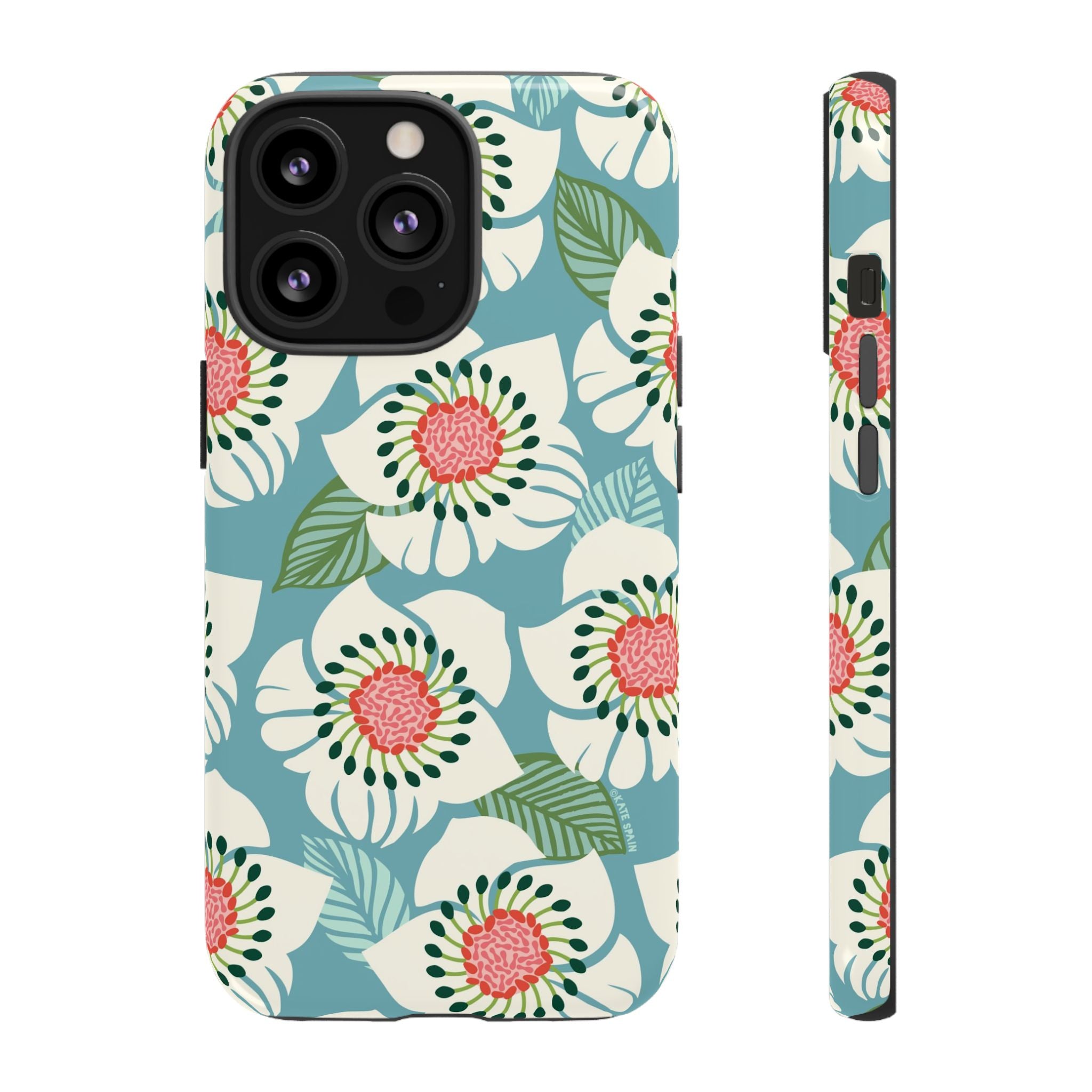 Panache Floral Tough iPhone 13 Pro Case – Glossy | sky blue, pale cream, pink anemone floral print