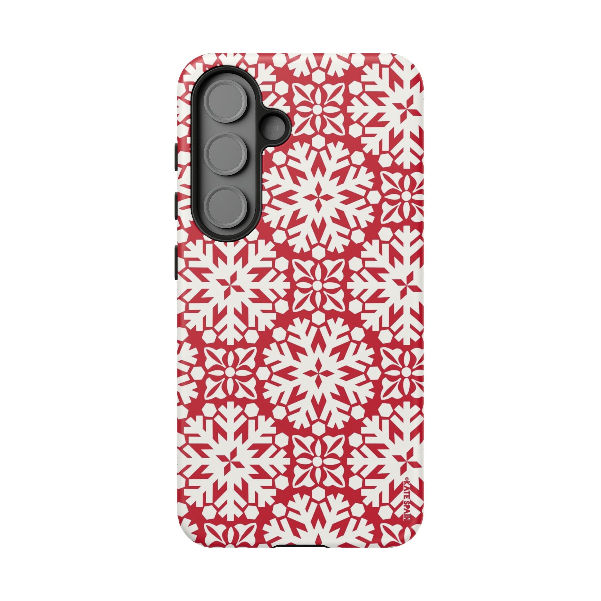 Flurry Samsung Galaxy S25 Case – Matte | white, red geometric snowflake tile print