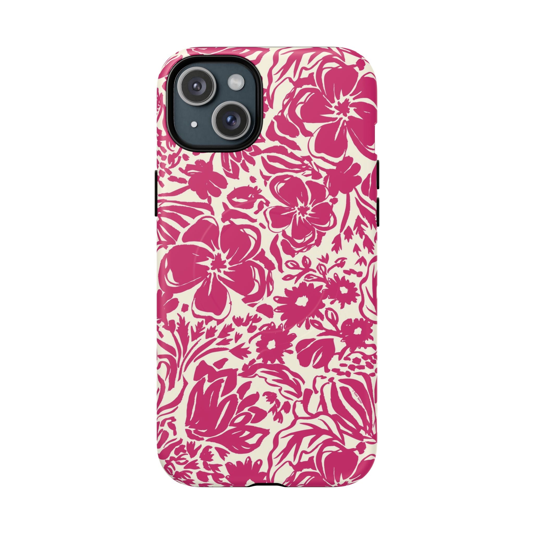 Rhapsody Bright Pink MagSafe iPhone 15 Plus Matte case — bold magenta floral print on cream by Kate Spain