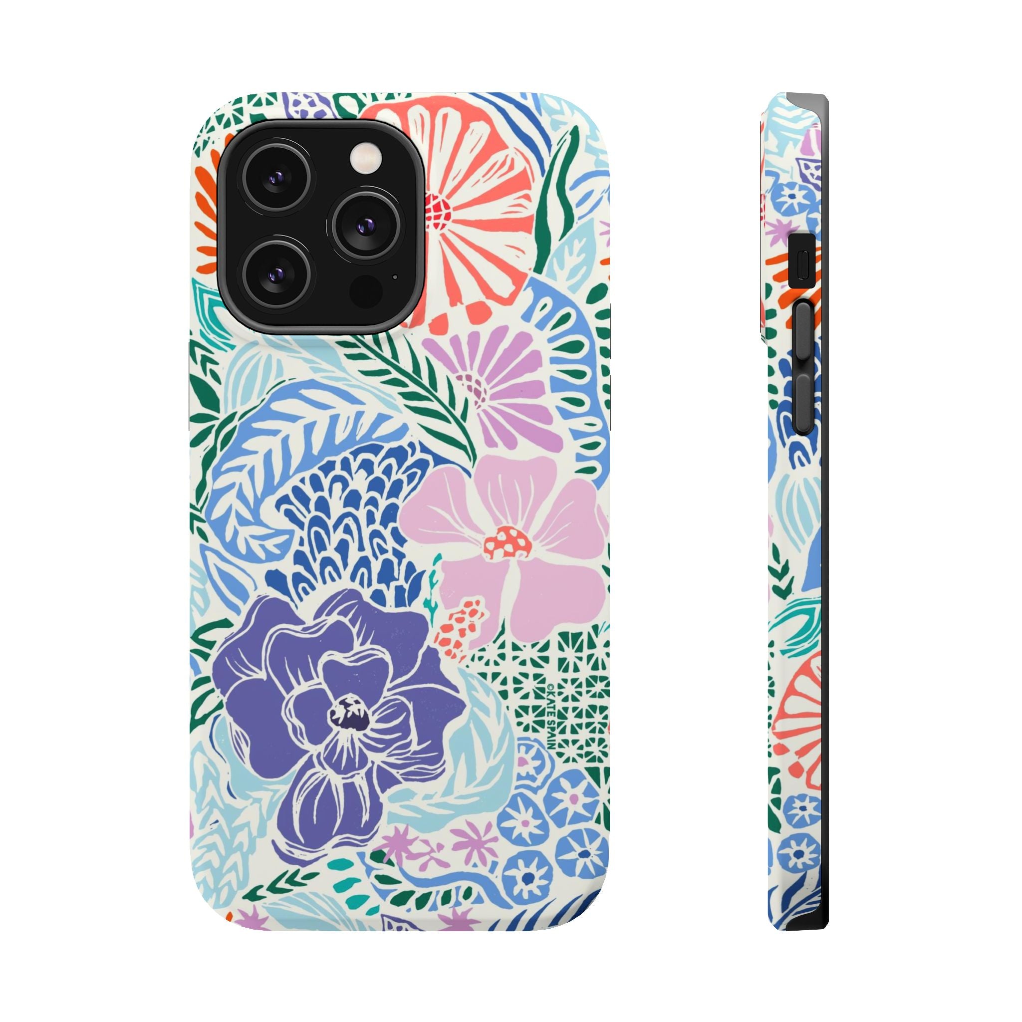 Tropica MagSafe iPhone 14 Pro Max Case – Matte | purple, coral, pink, blue botanical tropical floral print MagSafe compatible, dual-layer protection