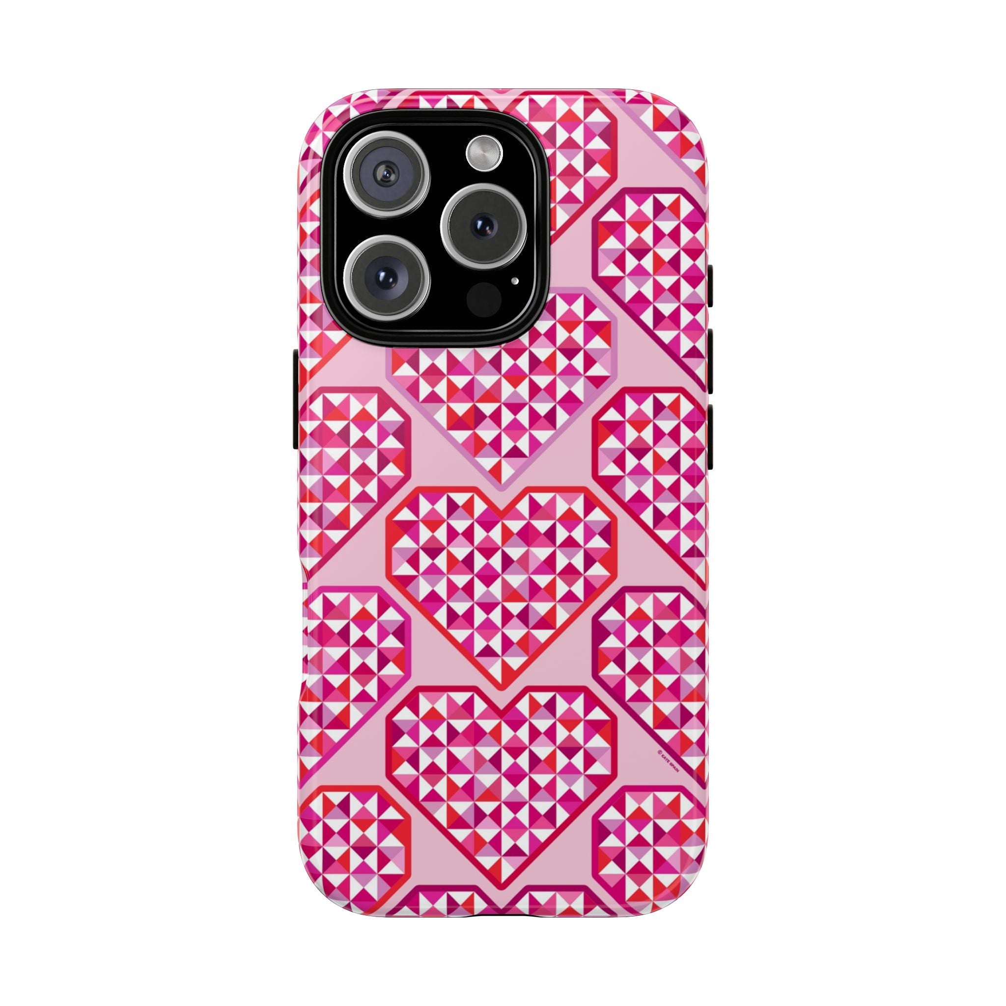 Pink Pyramid Heart Tough iPhone 16 Pro Max Case – Glossy | blush, pink, magenta, red geometric pyramid heart print