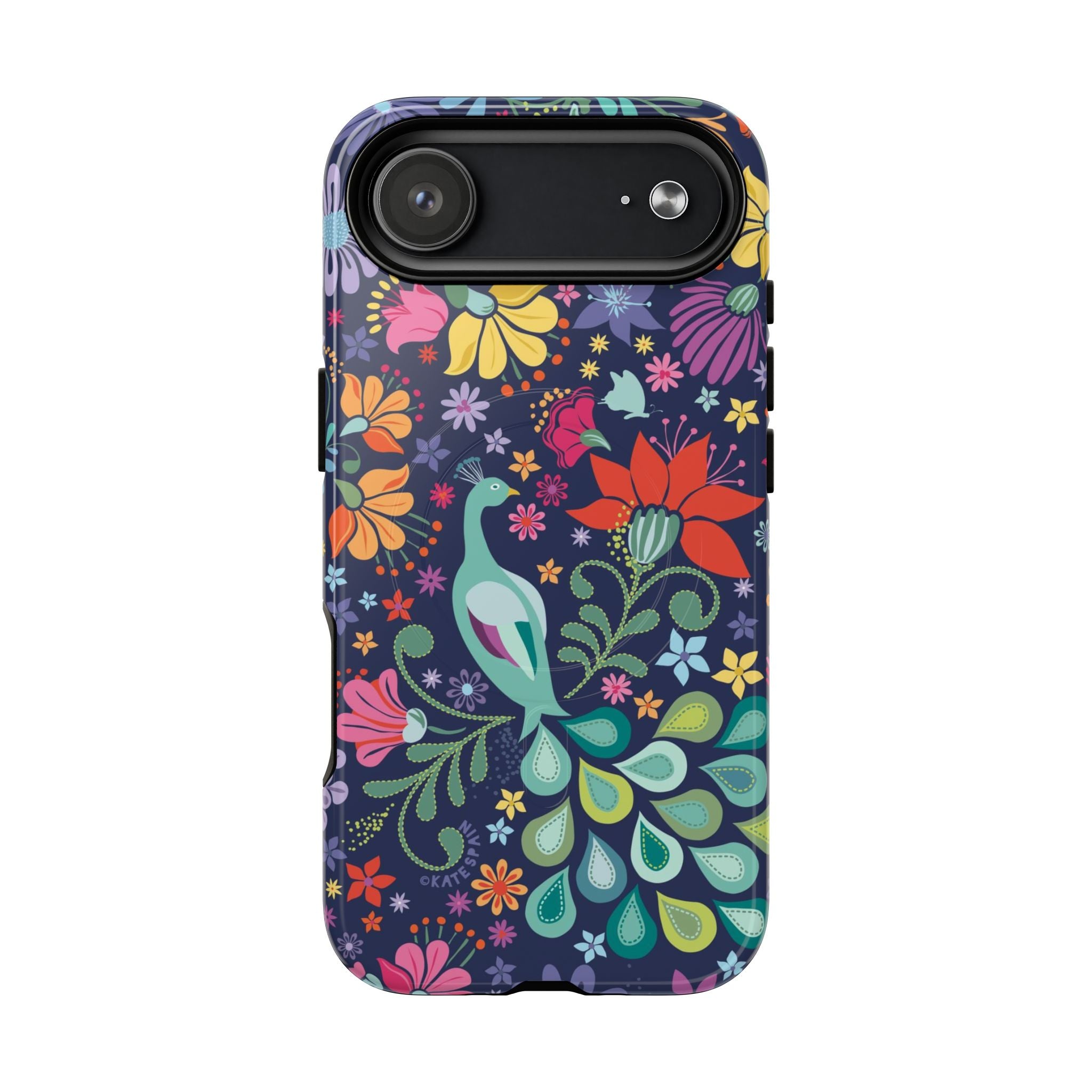 Peacock Sanctuary MagSafe iPhone 17 Air Case – Glossy | navy, teal, coral multicolor vibrant peacock feather botanical print