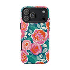 Tea Rose Teal Tough iPhone 17 Pro Max Case – Glossy | teal, coral, pink botanical rose floral print