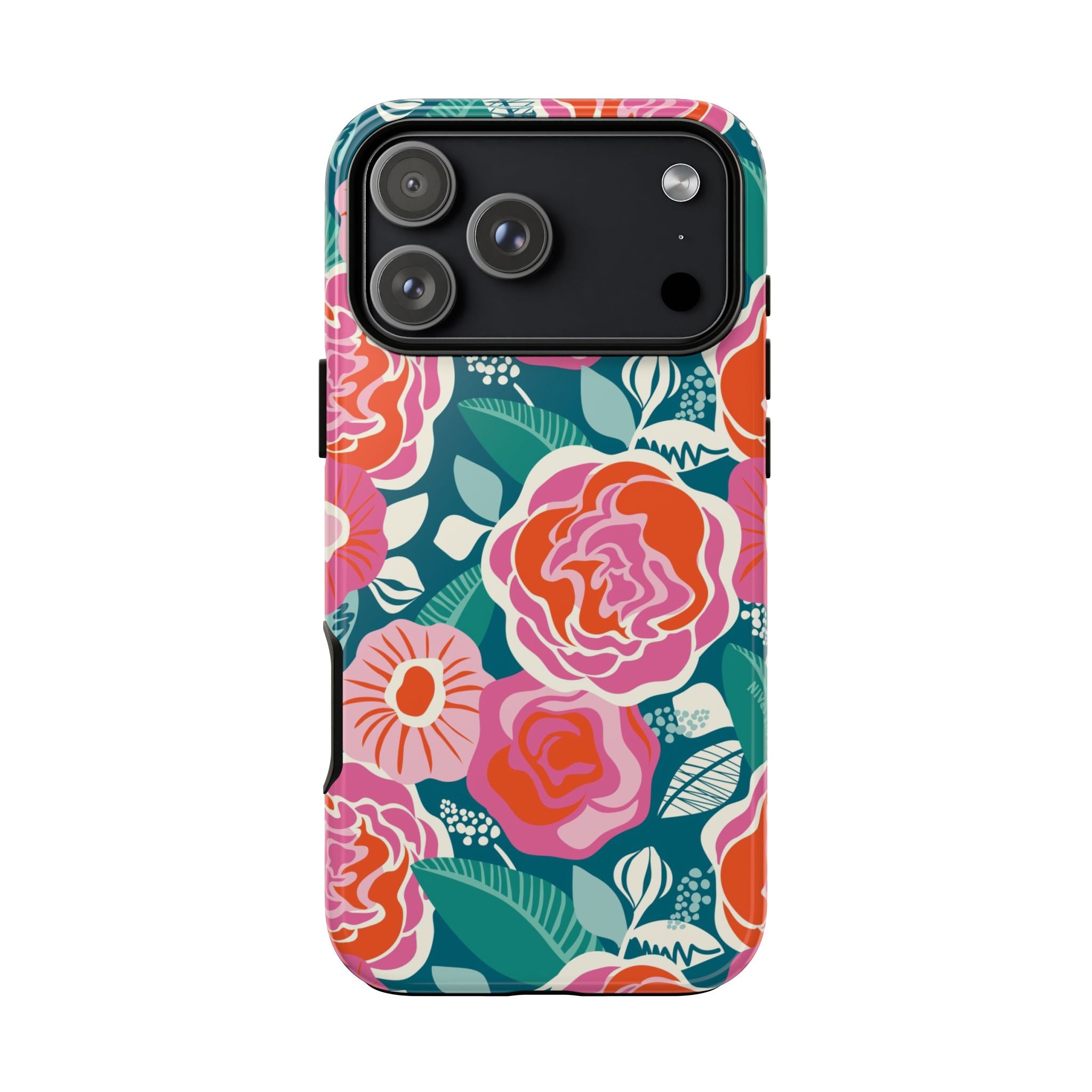 Tea Rose Teal Tough iPhone 17 Pro Max Case – Glossy | teal, coral, pink botanical rose floral print