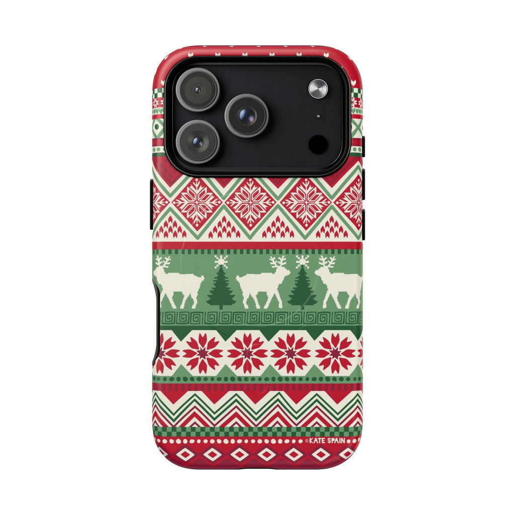 Telemark MagSafe iPhone 17 Pro Case – Matte | red, green, and cream fair isle Christmas sweater print with snowflakes, reindeer, and trees