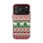 Telemark MagSafe iPhone 17 Pro Case – Matte | red, green, and cream fair isle Christmas sweater print with snowflakes, reindeer, and trees