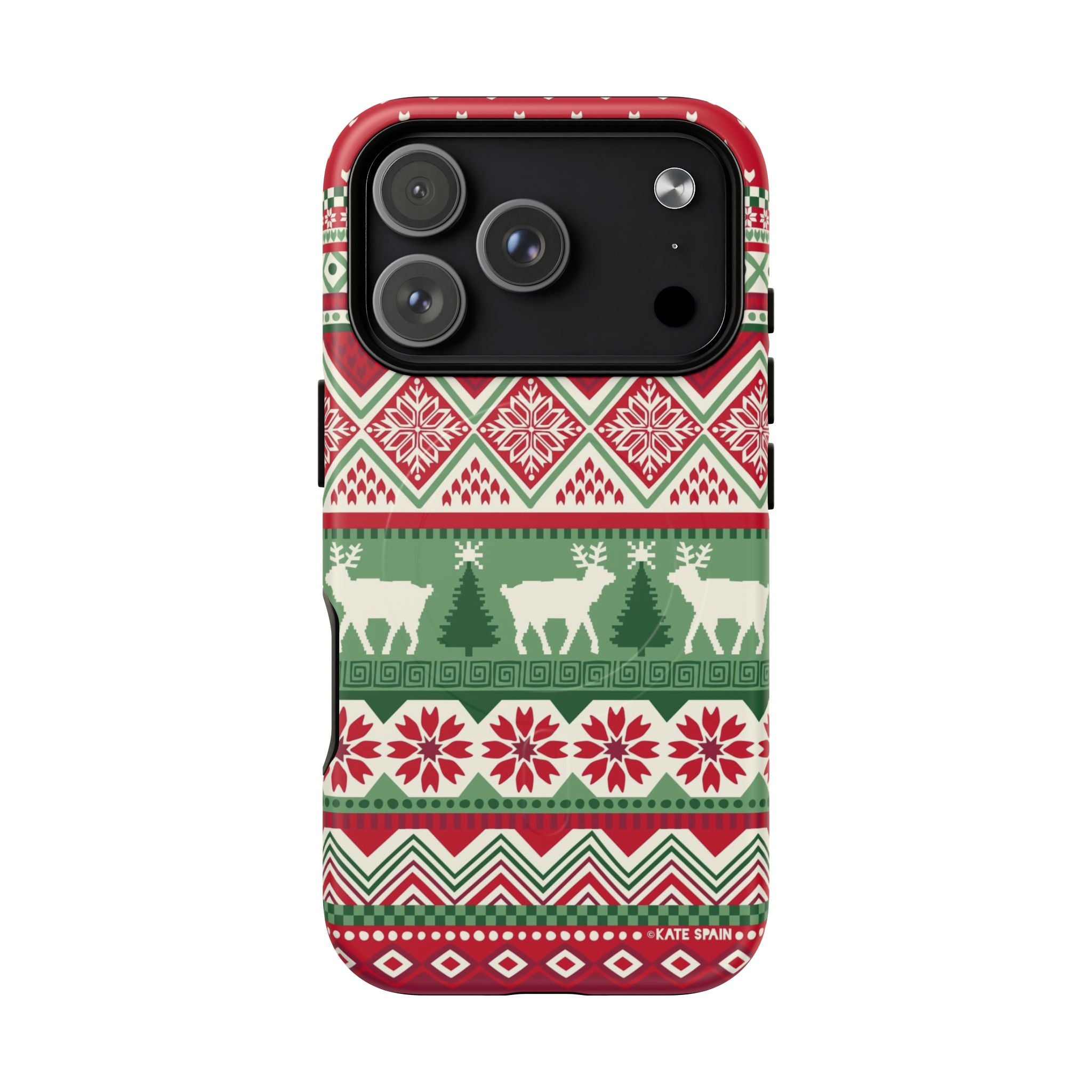 Telemark MagSafe iPhone 17 Pro Case – Matte | red, green, and cream fair isle Christmas sweater print with snowflakes, reindeer, and trees