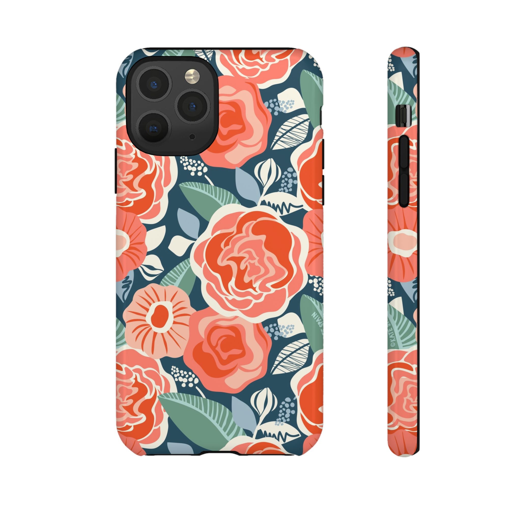 Tea Rose Navy Tough iPhone 11 Pro Case – Matte | navy, coral, pink, cream rose floral print