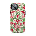 Wonderland MagSafe iPhone 14 Plus Case – Glossy | cream, red, and green Christmas holiday medallion print with ornaments, candy canes, trees, and stars